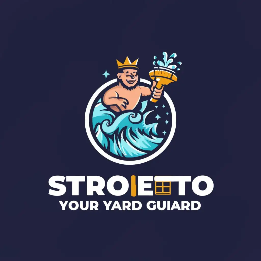 a logo design, with the text 'Strobeto Your Yard Guard', main symbol: 4 star crowed merman rides sea wave with highpressure water gun, Minimalistic, clear background