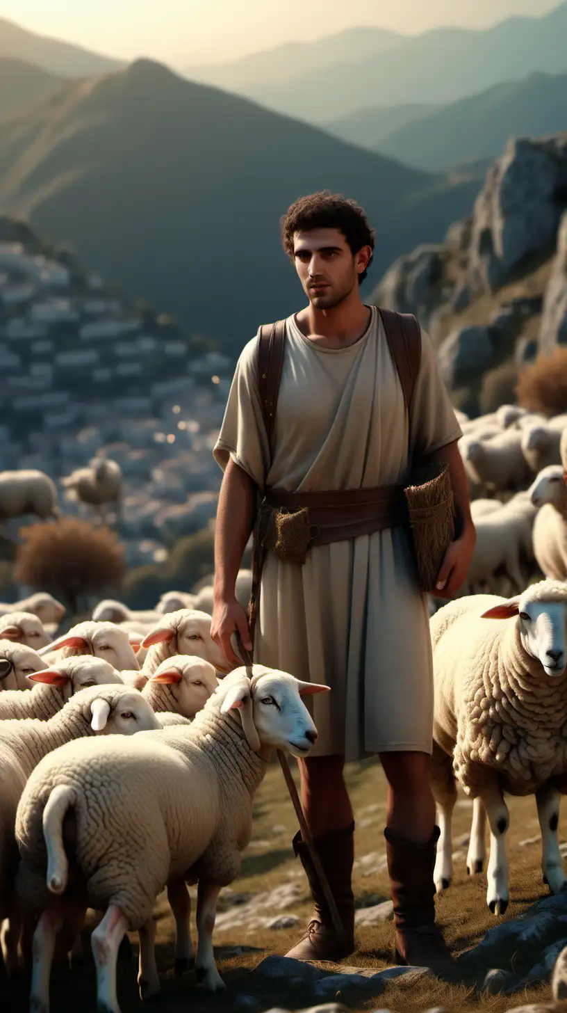 Ancient Greek Shepherd Tending Sheep on Mountain Summit