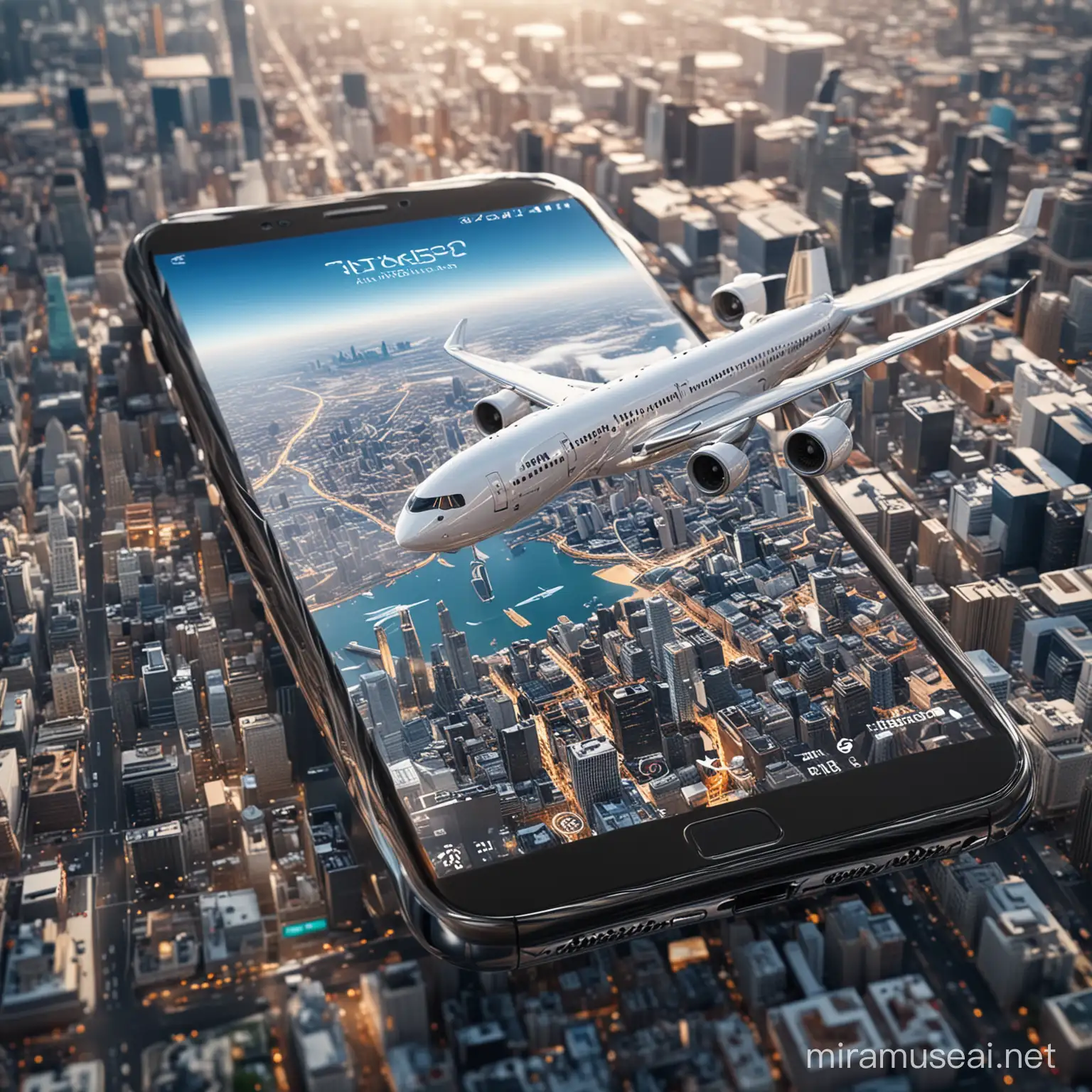 An artistic rendering where a modern smartphone is merging with an airliner. The smartphone's screen should display a cityscape with tall skyscrapers, suggesting an app for travel or an augmented reality view. The aircraft should be partially transformed into the body of the smartphone, symbolizing the fusion of technology and air travel. The style should be dreamlike and abstract, with a soft glow around the objects to emphasize their hybrid nature. The overall feel should convey innovation, the blend of digital and physical, and a seamless travel experience, , 32k render, hyperrealistic, detailled.