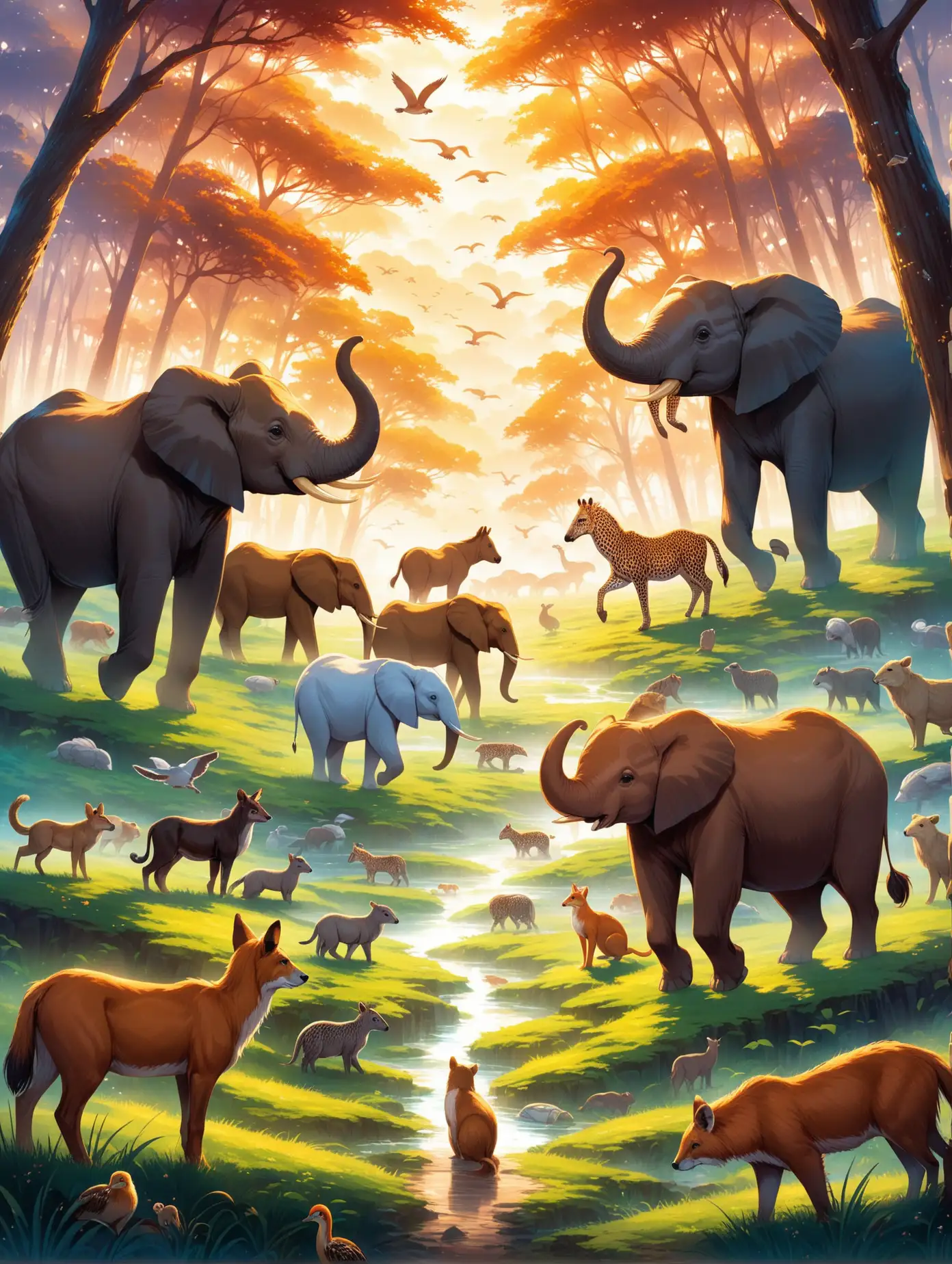 Diverse Animal Gathering in Lush Atmosphere