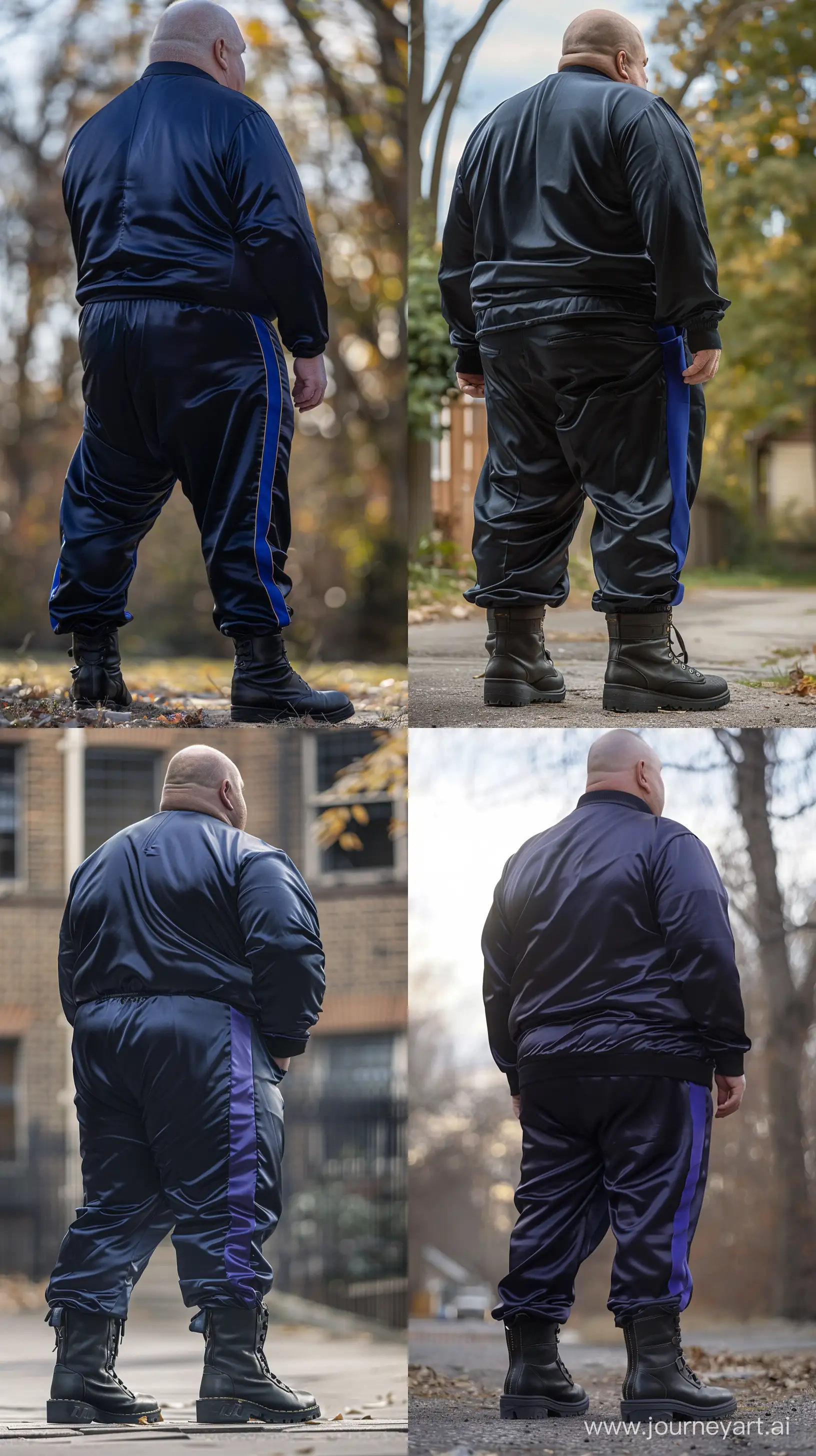 Back view photo of a fat man aged 60 wearing a silk navy royal tracksuit with royal blue stripe on the leg. Black tactical leather boots. Standing Outside. --style raw --ar 9:16
