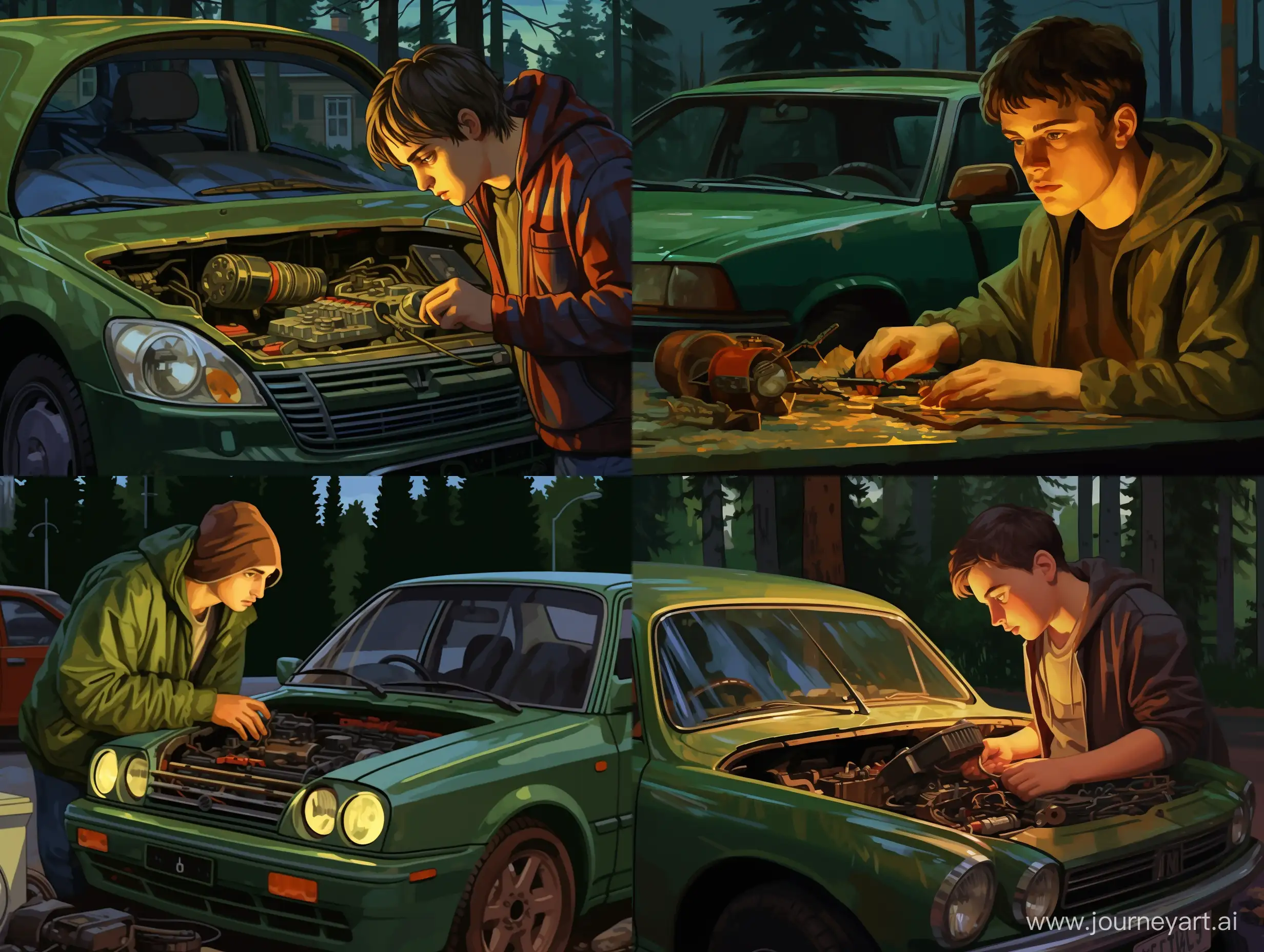 very detailed art. A teen chubby gay in a dark green hoodie repair his old rusty 2003 European soviet  simple sedan with open hood. This car's yellow halogen headlights shine brightly. several instruments, wrench pipes placed near car. Warm yellow Lamp bulb placed at engine bay. The action takes place on a dark summer street, during summer twilight, in a residential area of an Eastern European city next to a dirty post-Soviet 10-story building.