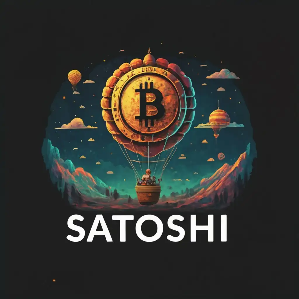 a logo design, with a realistic looking hot air balloon with the bitcoin symbol on the side of the balloon. Satoshi Nakamoto is in the balloon, since we don't know who that is their face should not be identifiable but we should be able to see them inside the basket. The balloon is floating through the mystical blockchain like a colorful and fun fantasy land,Complex,be used in Technology industry,clear background