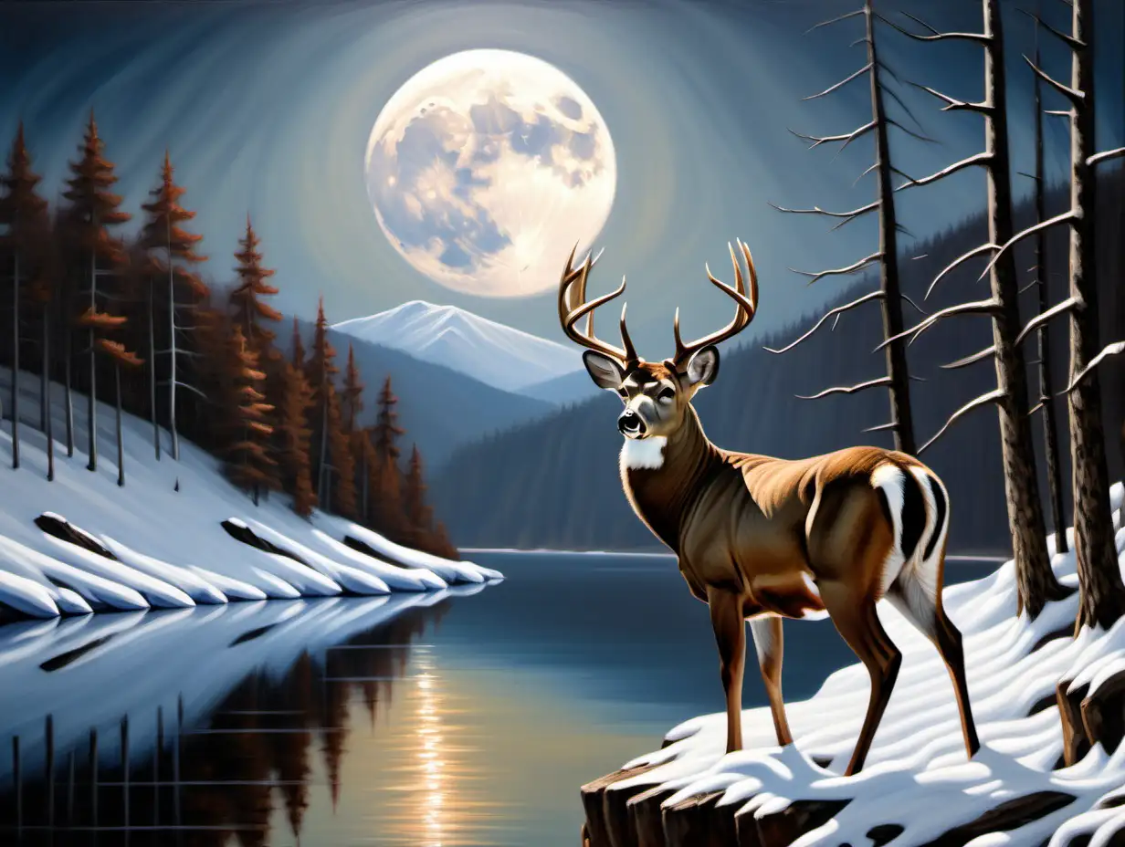 oil painting whitetail buck in front of white full moon on cliff, forest, lake, clear sky, no clouds, mountains