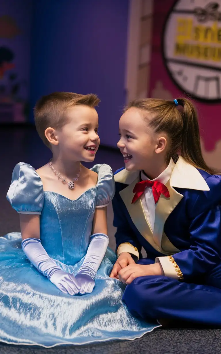 Childrens-Gender-RoleReversal-Fun-at-Disney-Museum-Brother-in-Cinderella-Dress-Sister-in-Prince-Charming-Suit