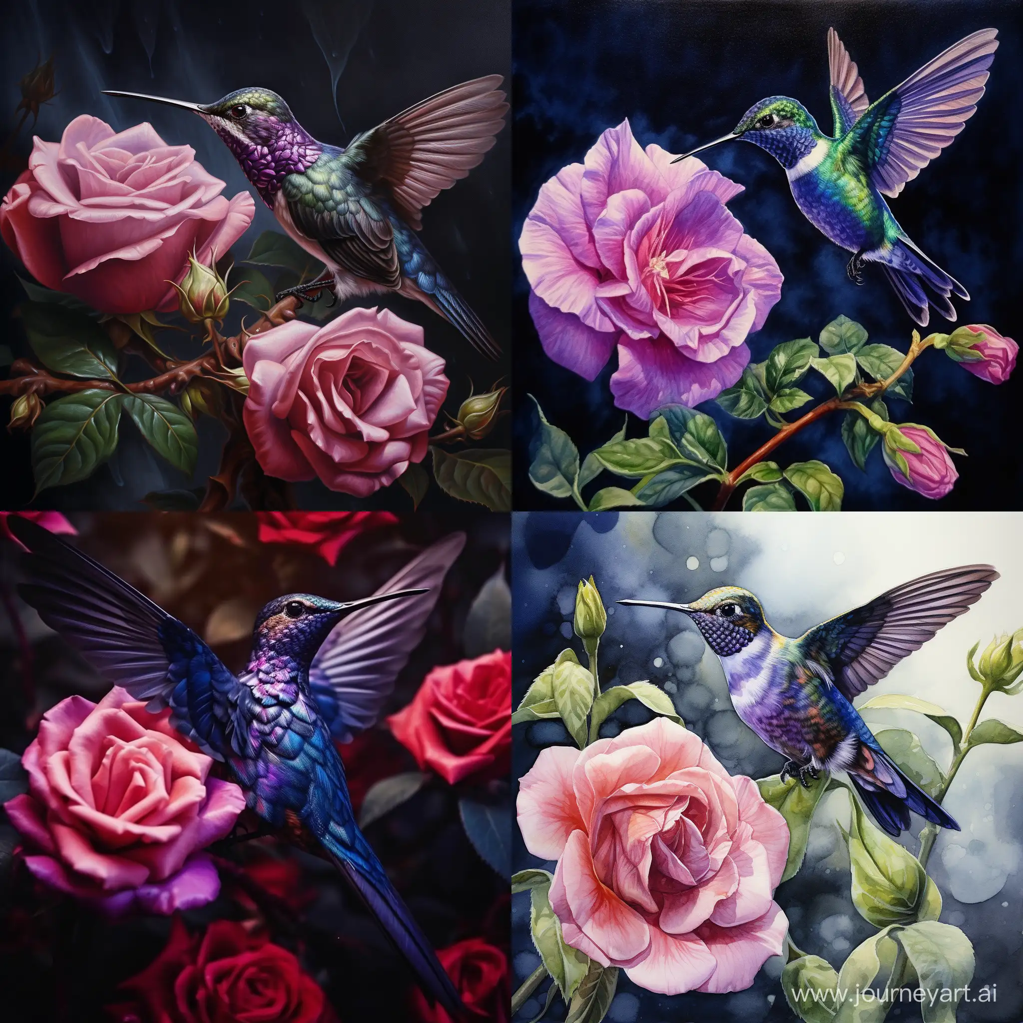 Graceful-Hummingbird-Feeding-on-a-Vibrant-Purple-Rose