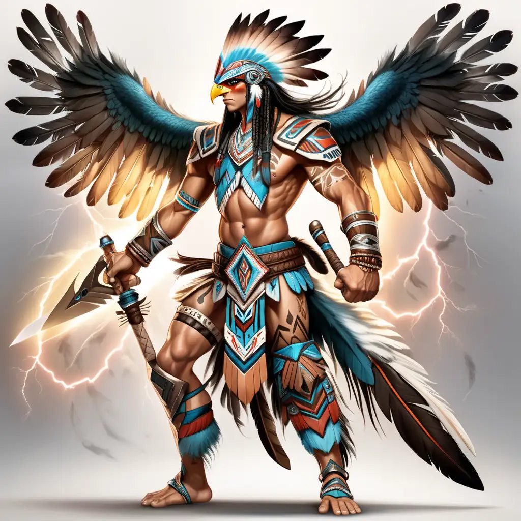a lithe and agile warrior with feathers integrated into his attire. Adorned with tribal tattoos and a lightning-shaped blade, his eyes exude a focused intensity. he moves with the speed and grace of a thunderbird.