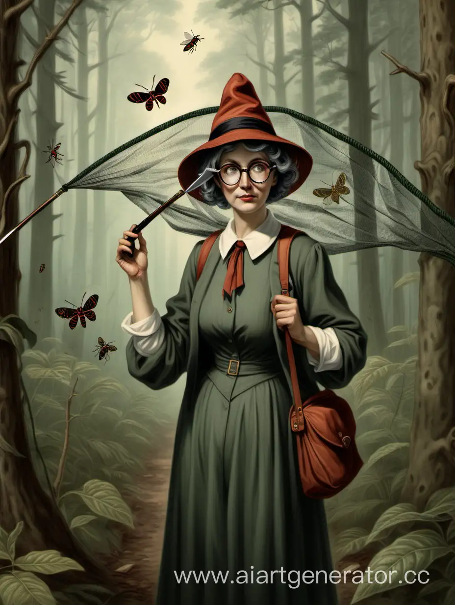 Ученая женщина  в очках, в лесу в панаме с принтом - долгоносик, с большим сачком в одной руке и ножом в другой руке 