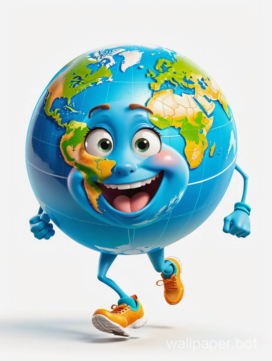 Illustration, a globe, planet earth as a character, running after someone running away, white background.