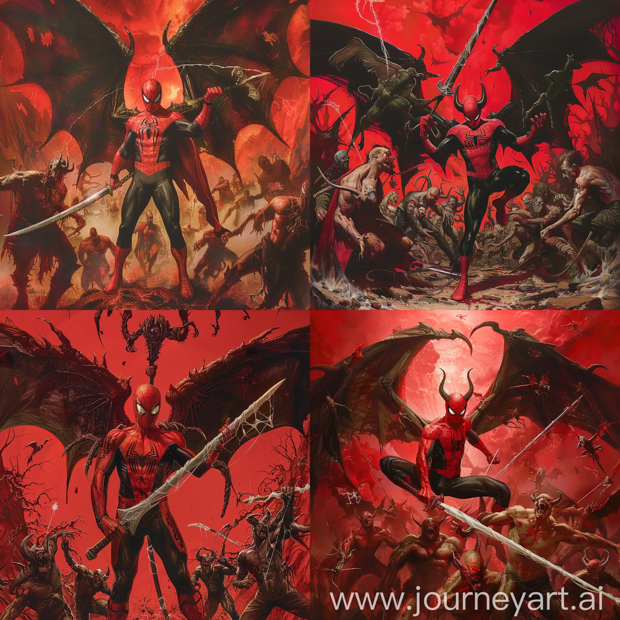 Evil Spiderman, with satanic wings, holding a diabolic-sword, leading an army of evil beings from hell, Inspired by Alex Ross and Tradd Moore, Red background, Exquisite detail, Natural light, animecore, realistic hyper-detailed portraits. High Resolution, fantasy style, horror, eerie, detailed scenery, soft brushwork