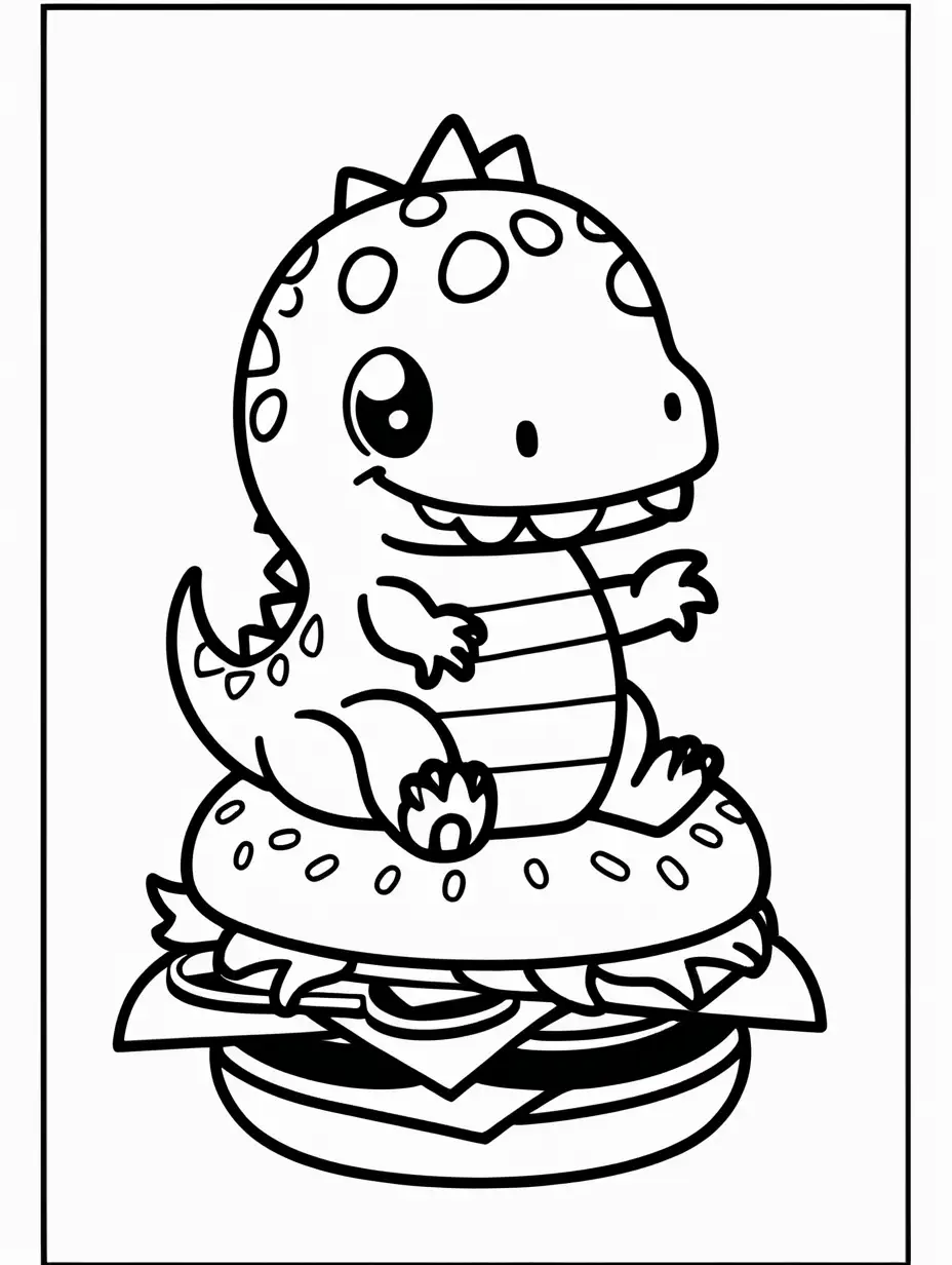 coloring page for kids with a cute chibi kawaii dinosaur sitting on a hamburger, black lines white background, only black and white