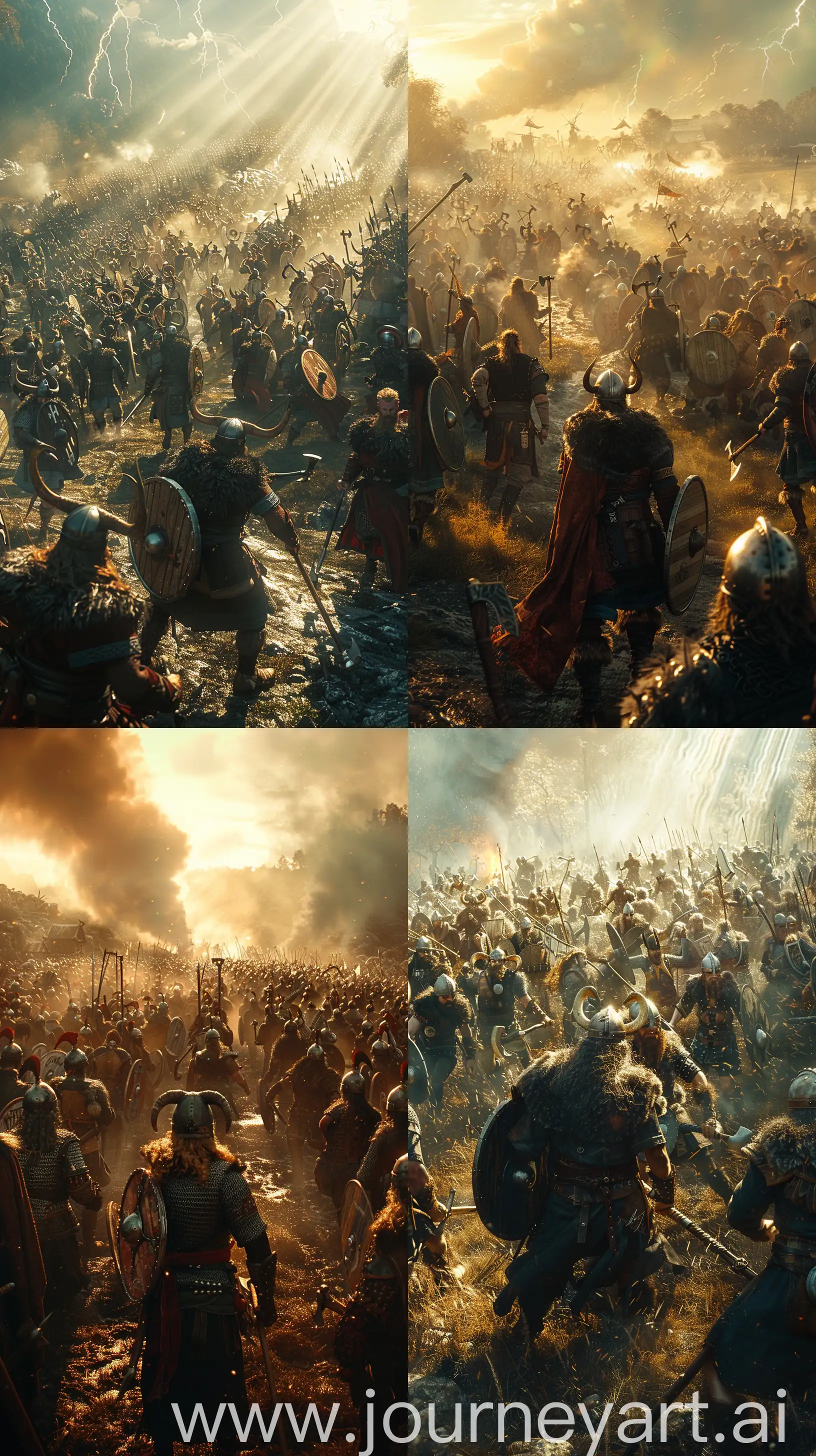 A grand scene of a Viking war, with large groups of warriors engaged in intense combat. The battlefield is set in an open field, with Vikings in traditional armor, horn helmet and wielding axes and shields. The image captures the chaos and ferocity of the battle, emphasizing the dramatic and historical aspects of Viking warfare, high contrast , shimmering, sun rays, depth on fields, superb sharpness, photorealistic, 8k, natural lightning, HDR, 16k high resolution --ar 9:16 --stylize 750 --v 6