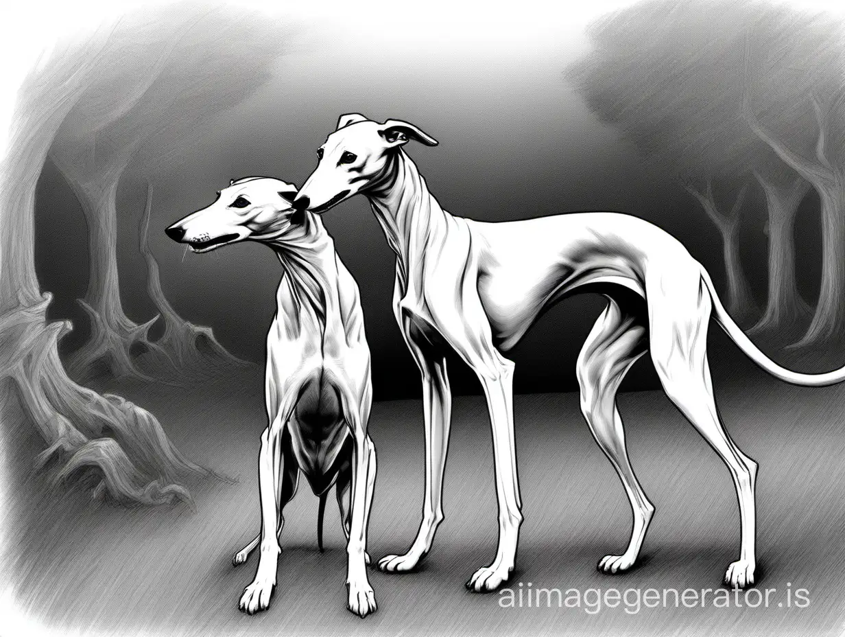 Black and white Greyhound, mother and daughter, Shropshire, dungeons and dragons