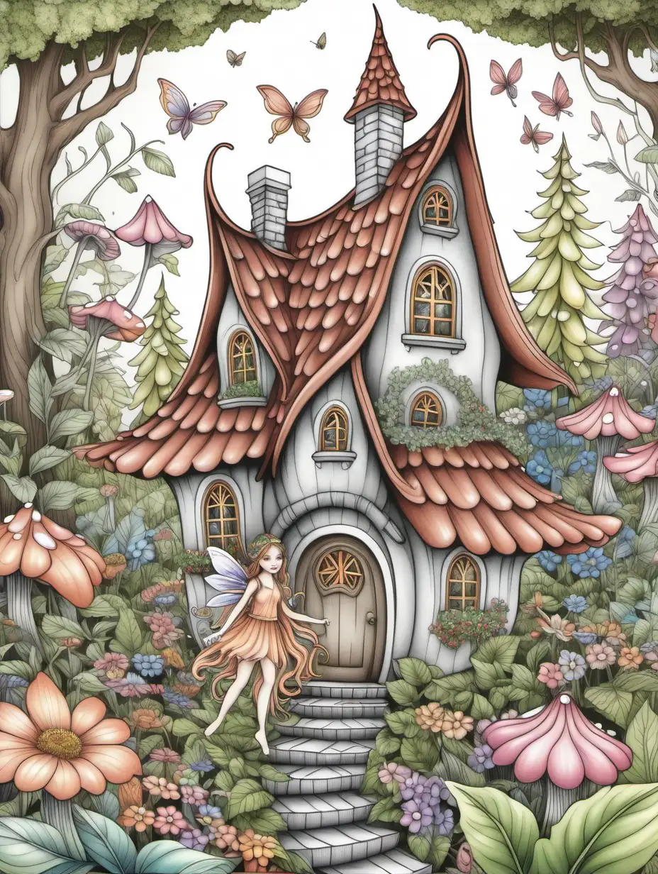 soft color, adult coloring book, fairy,  roof flowers, high detail, no shading, forest, with  house, fairy