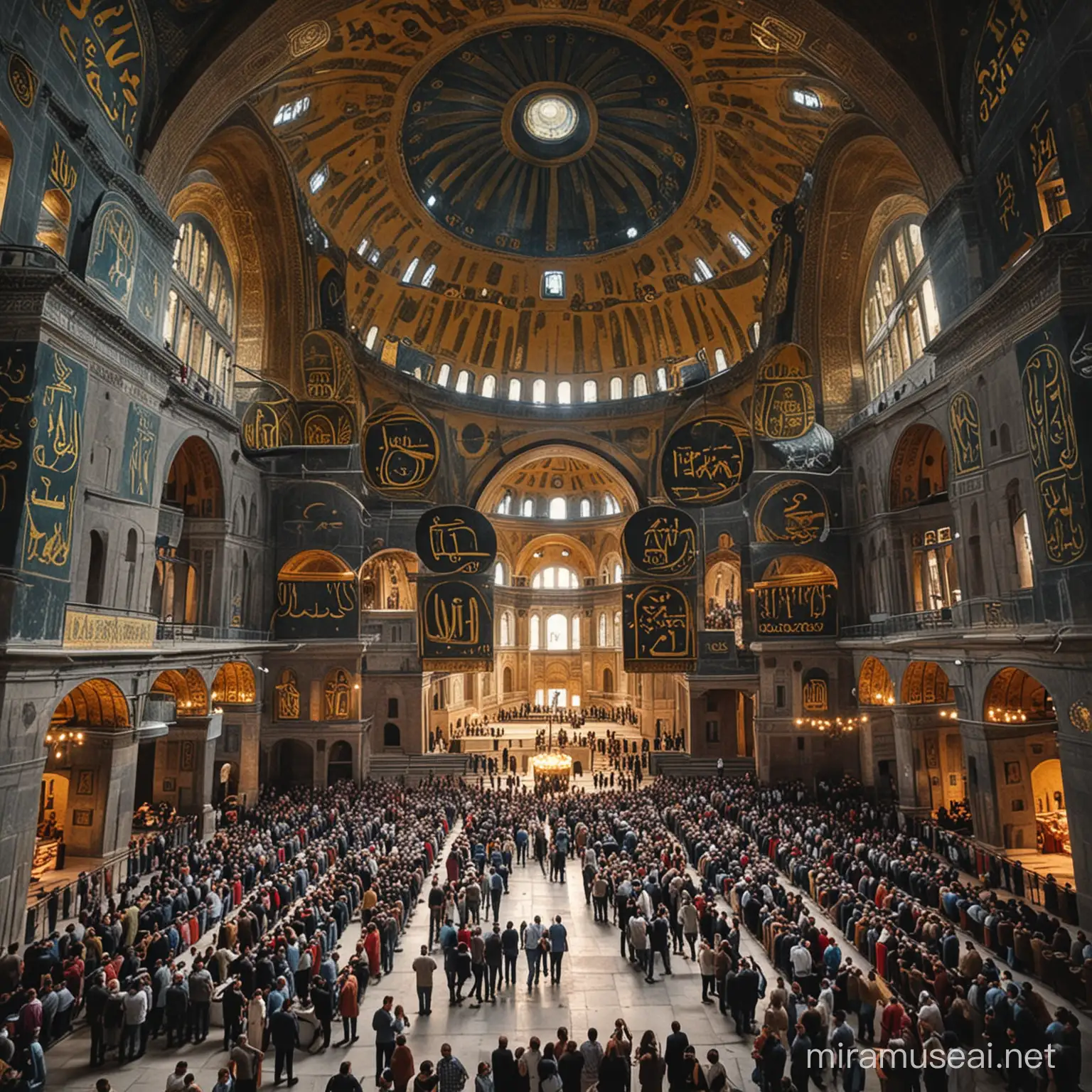 Interior View of Hagia Sophia with Crowded Congregation and Brightness