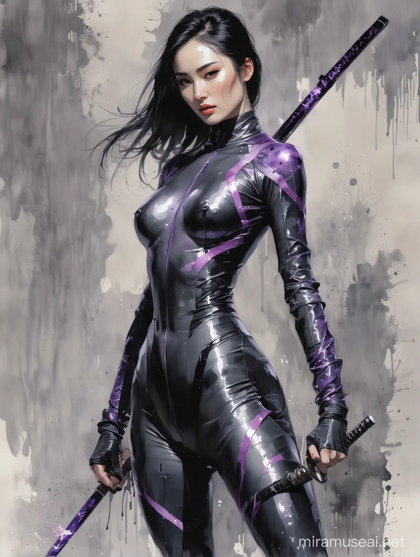 Alex Maleev's illustration depicting black-haired very pale alluring muscular well-built Yang Mi wearing high-neck catsuit holding a katana with purple electricity, smooth shiny thigh, watercolor, no makeup, no distortion, gray palette, insanely high detail, very high quality