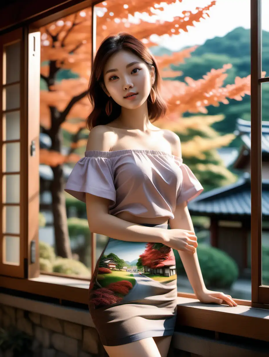 Generate an AI scene featuring a beautiful young woman strolling down a picturesque boulevard in a Japanese village. Envision her in an off-shoulder top and a stylish mini skirt. The lane is adorned with trees bearing multicolored leaves, creating a vibrant and enchanting atmosphere around her. Capture the essence of the bright and colorful surroundings as she enjoys her leisurely walk. Photorealistic and ultra realistic details, delicate hands, detailed face, detailed skin, detailed hands, photorealistic, gravure, AV, pro photography, slide film, photo book, window light, full body shot, soft body, window light, film grain, 35mm, stretch marks