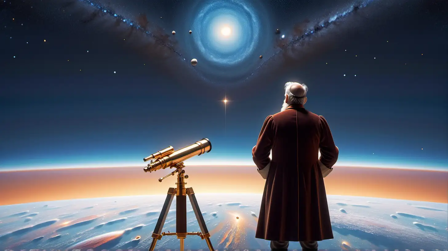 back view of Galileo Galilei observing space with his telescope
