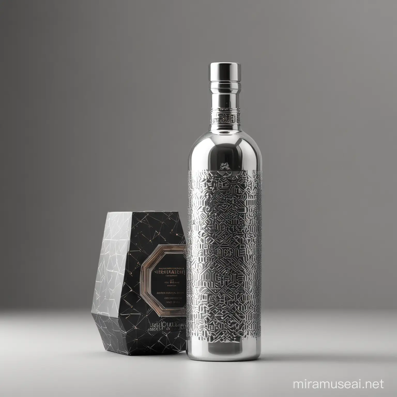 Modern health liquor packaging design, high end liquor, 500 ml ceramic bottle, photograph images, high details, silver and black geometric texture, brand name is Octane
