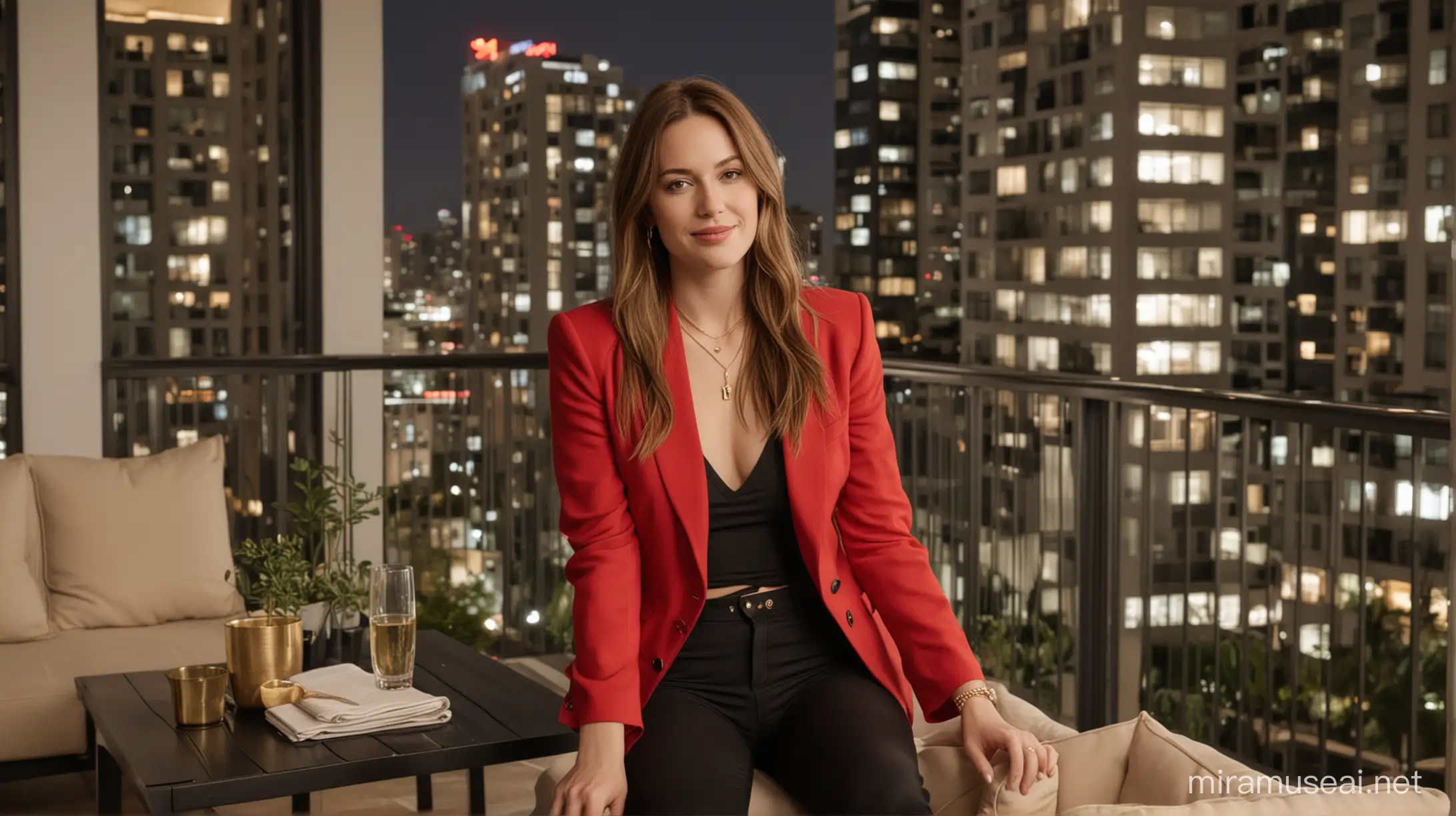 30 year old white woman sitting on patio furniture on a balcony, modern high rise apartment background in the evening. She has long brown hair, pale skin, wearing a red blazer, gold necklace with very low cut black shirt and black pants.