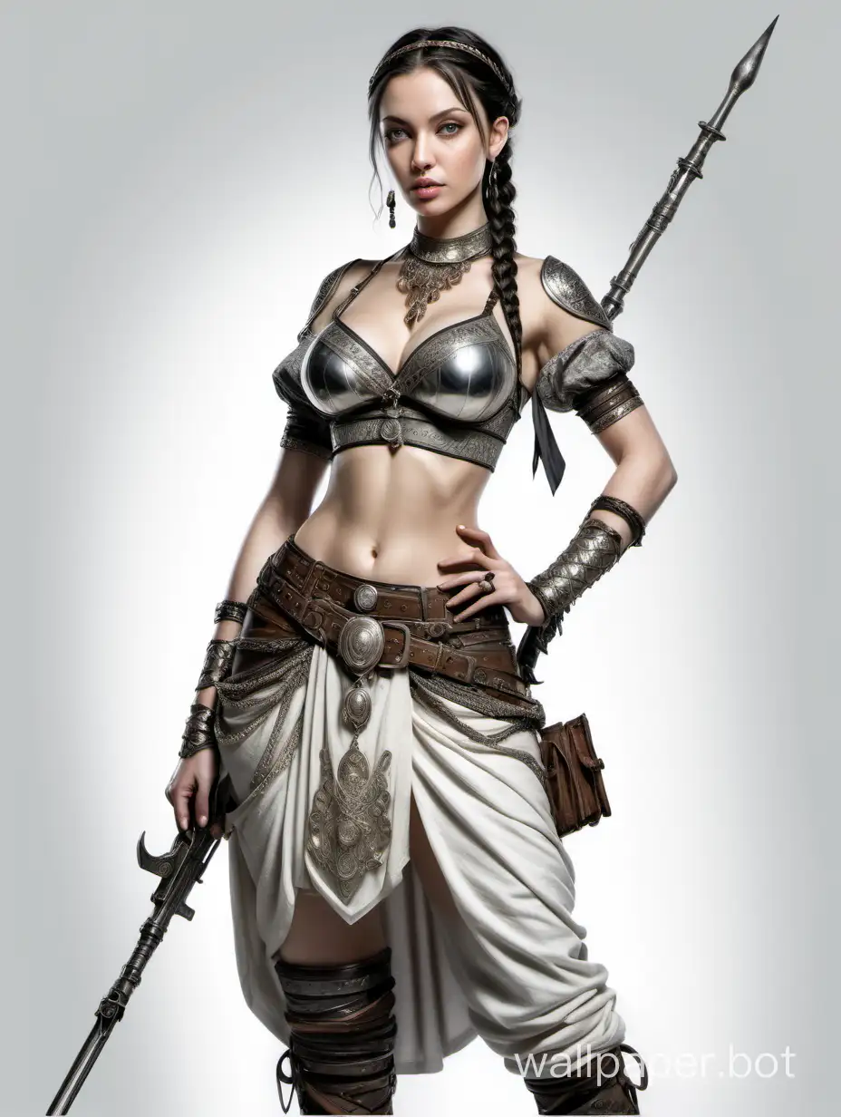 Young Angelina Dimova. Lady of the harem, hunter tracker, short dark hair with braids, large breasts size 4, narrow waist, wide hips, lace bra with lacing and steel decoration, skirt with metallic overlays, protection on the right shoulder, weapon. White background, Julia Bell style, pencil drawing.