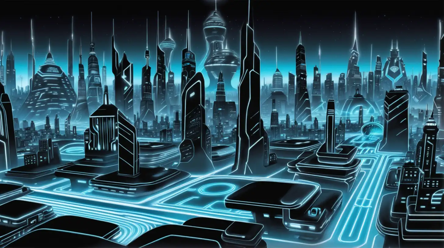 Futuristic Tron Cityscape Illuminated with Neon Lights