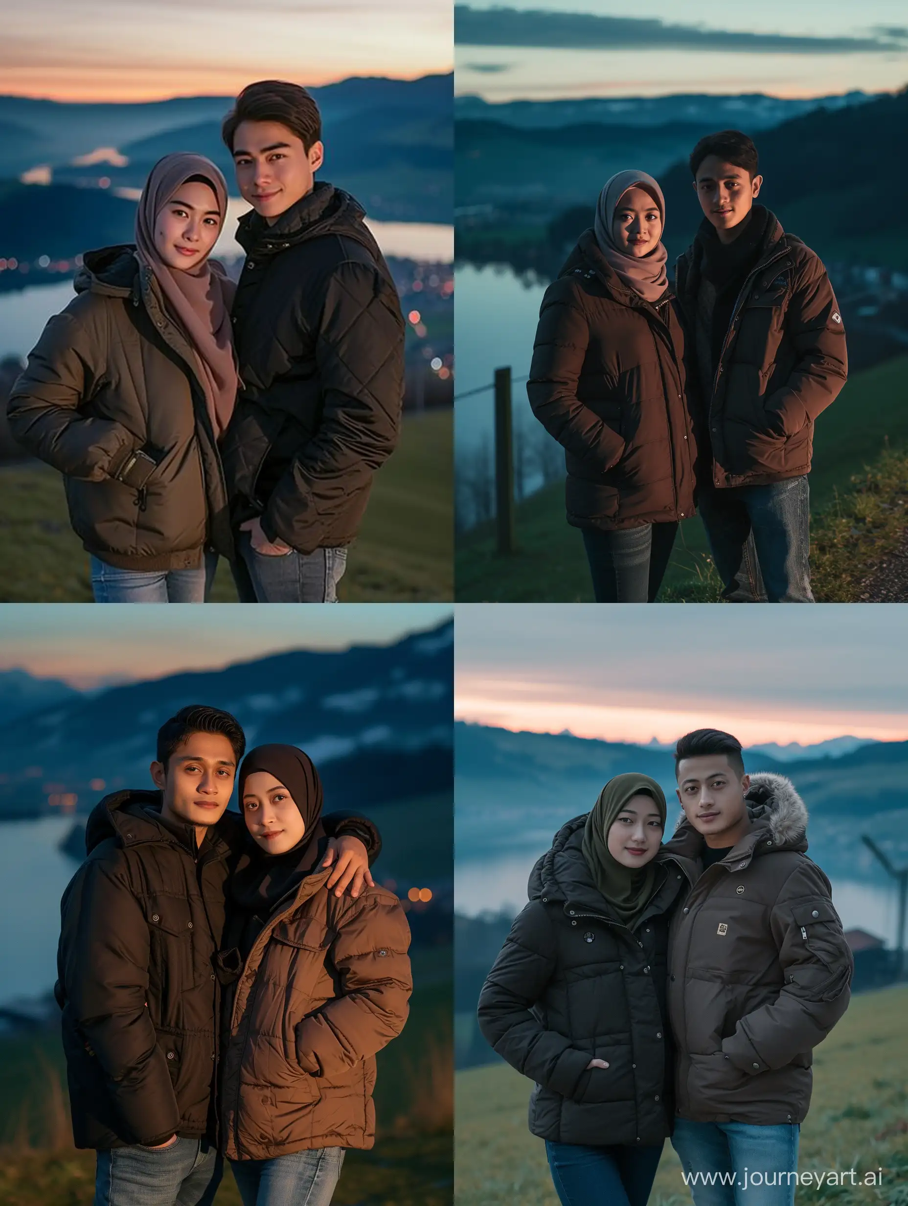 Indonesian Javanese man and woman hijab couple (25 years old, oval and clean face, Indonesian hair, thin body, brown skin, wearing thick winter jacket, jeans) standing posing like models in Switzerland behind them are hills and lakes, the photo is slightly tilted to the side , visible face, night scene, minimal lighting, sunset light. ultra HD, real photo, very detailed, very sharp, 18mm lens, realistic, photography, leica camera