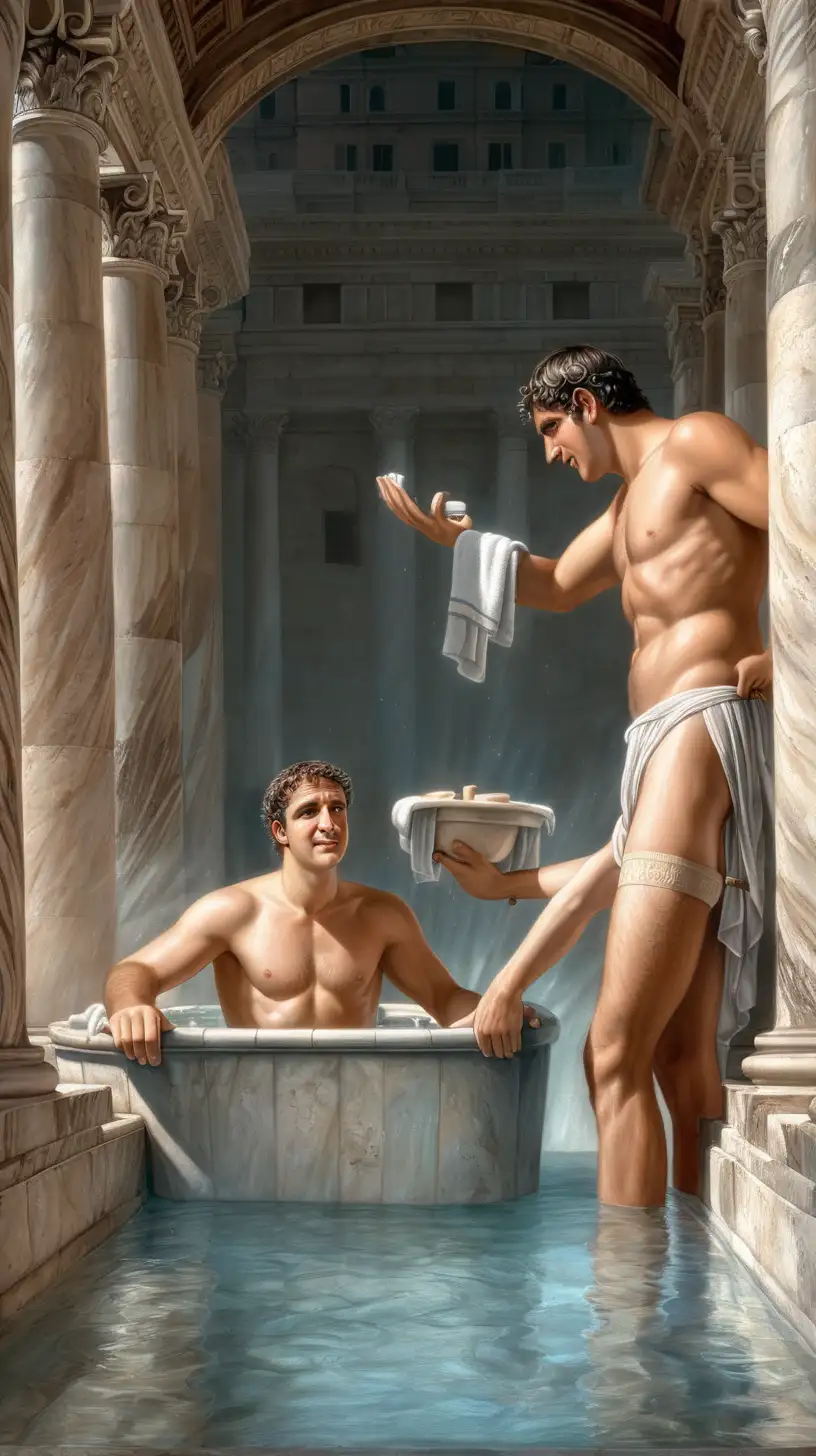 In ancient Rome, two men are bathing in a bath and they are wearing underwear