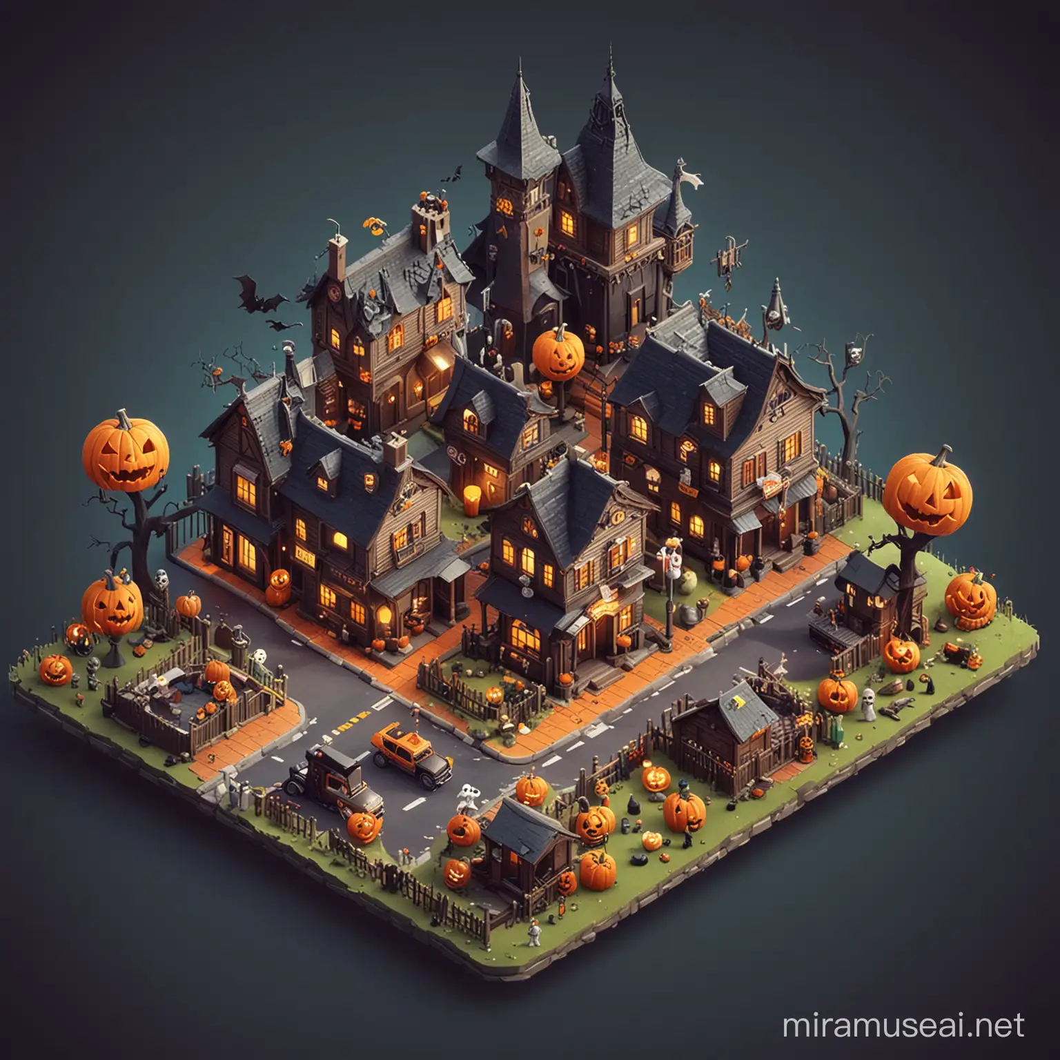Isometric Halloween Town Emerging from Mobile Phone