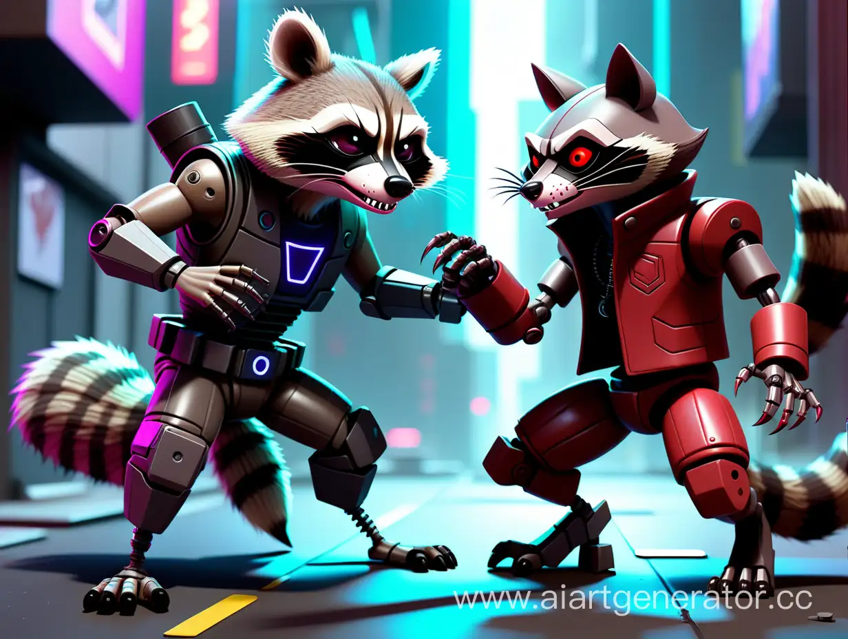 Epic-Battle-Cyberpunk-Raccoon-and-Robot-Devil-Confront-Enemies