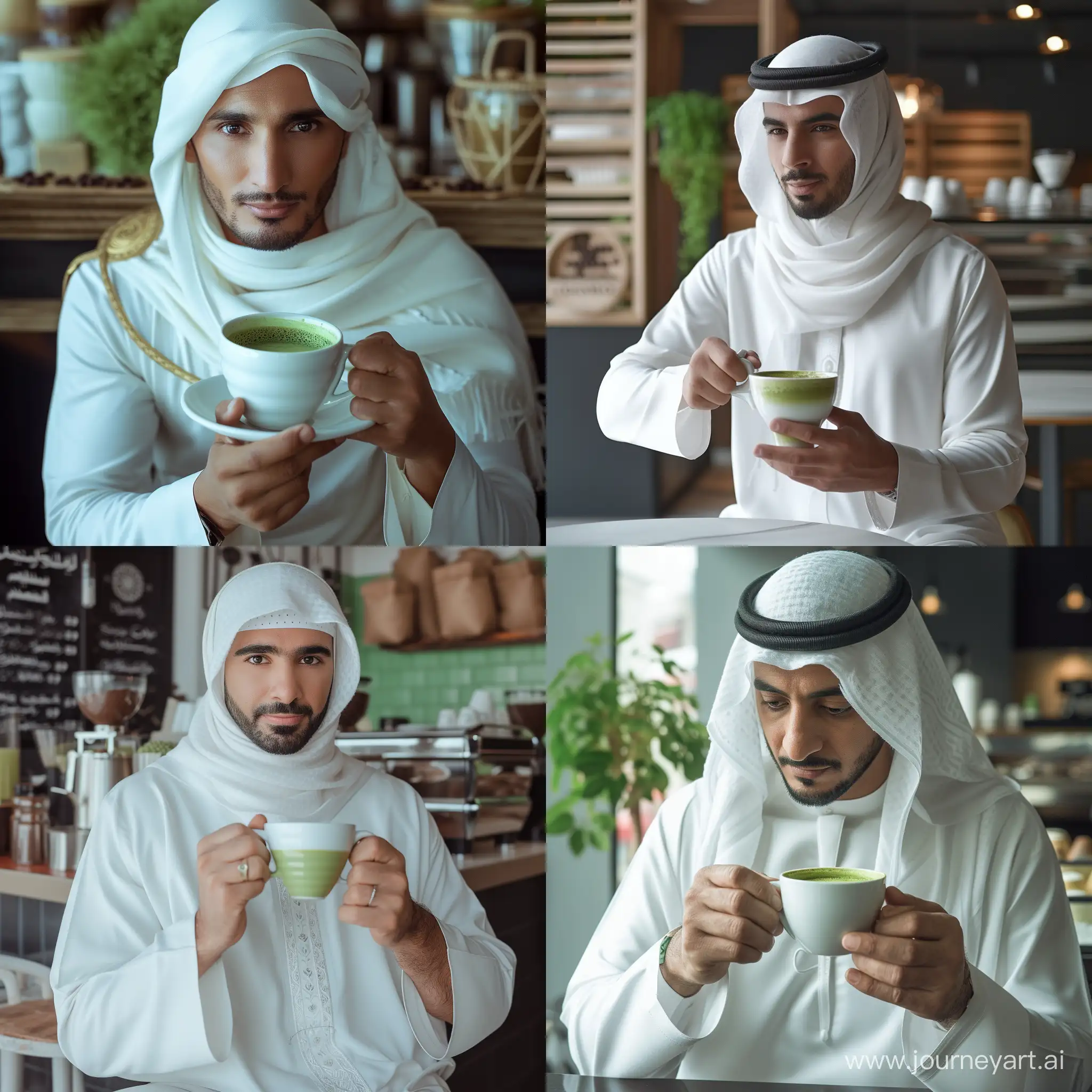 Man-in-White-Arabic-Attire-Enjoying-Coffee-in-Cafe-with-Natural-Lighting