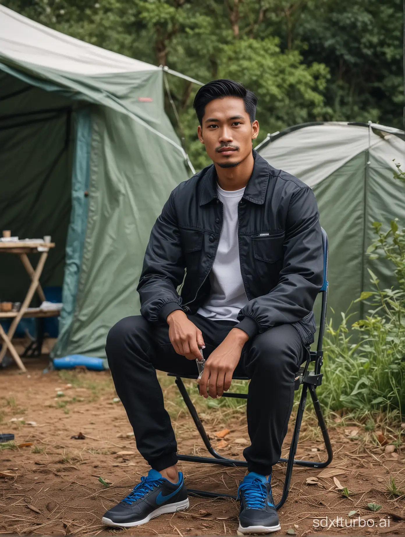 Handsome Indonesian man aged 25 years, with neat underslipback hair parted to the side, wearing a black trucker jacket, blue Nike shoes. sat on a portable folding chair in front of the tent. Next to him was a cup of bot coffee and a thermos of hot water placed on a portable folding table. The location is on the banks of the American River and the surrounding grass is very green and fresh, with a backdrop of forested mountains high in the sky. white clouds in the sky, low light, ultra HD, real photo, high detail, ultra sharp, 18mm Lens, realistic, photography, leica camera.