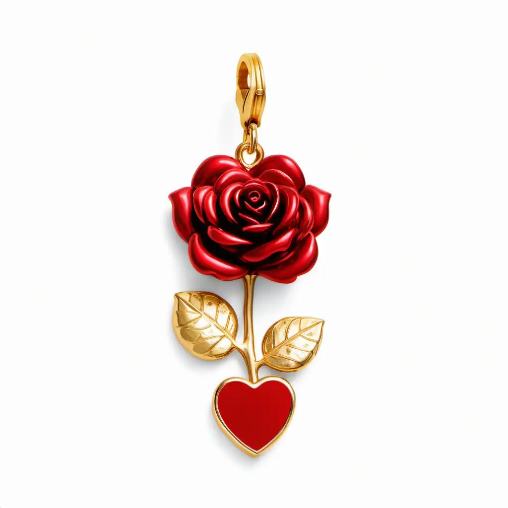 Gold Rose Charm with Red Heart on White Background