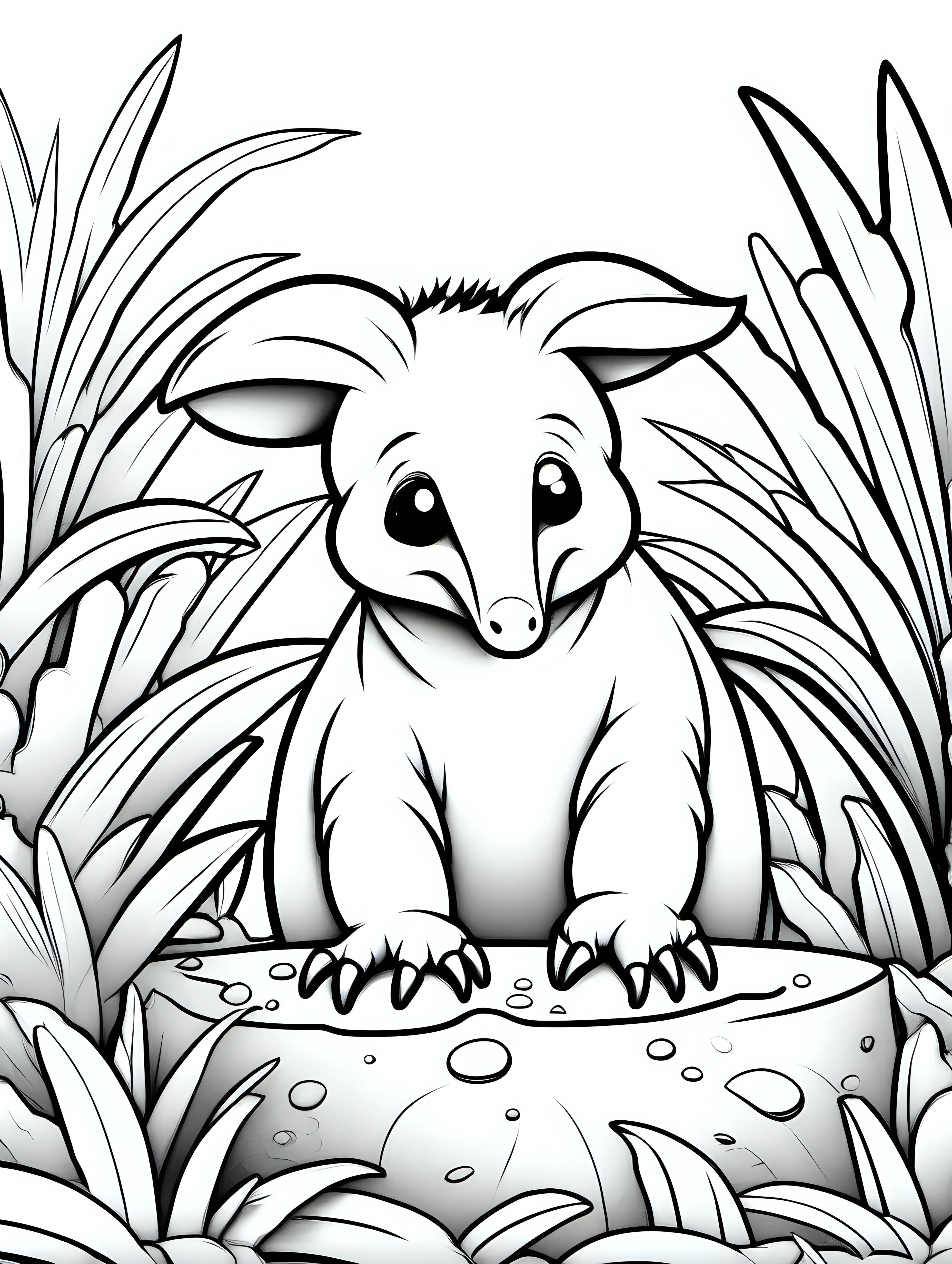 Coloring book, cartoon drawing, clean black and white, single line, in center of aspect ratio 9:16, white background, cute anteater cub slurping up ants with its long tongue.