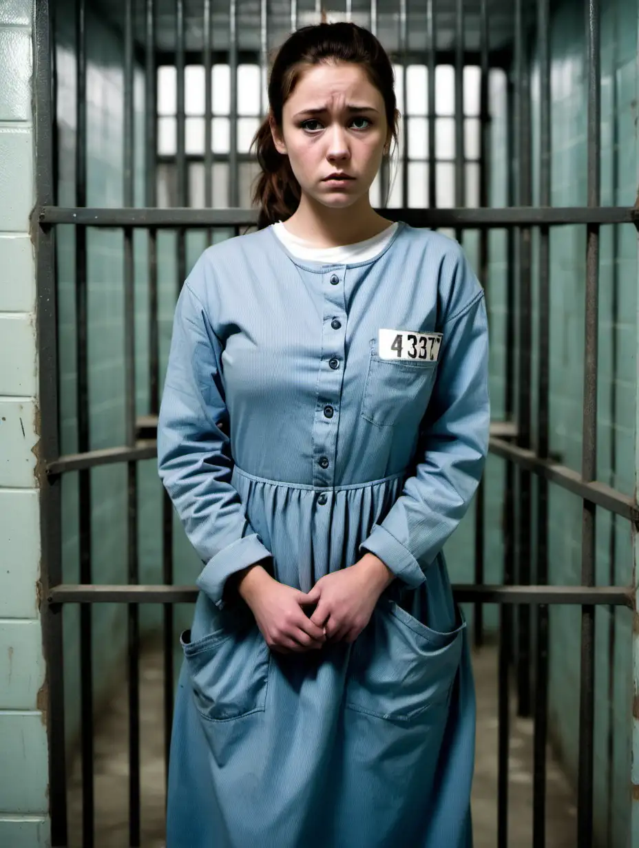 A busty prisoner woman (20 years old, same dress) stand in a prisoncell (no prisonbars) in dirty ragged paleblue longsleeve collarless roundneck midi-length buttoned gowndress ( a "4327" numberlabel on chest pocket, brunette low pony hair, sad and ashamed ), look into camera, frontal aspect,