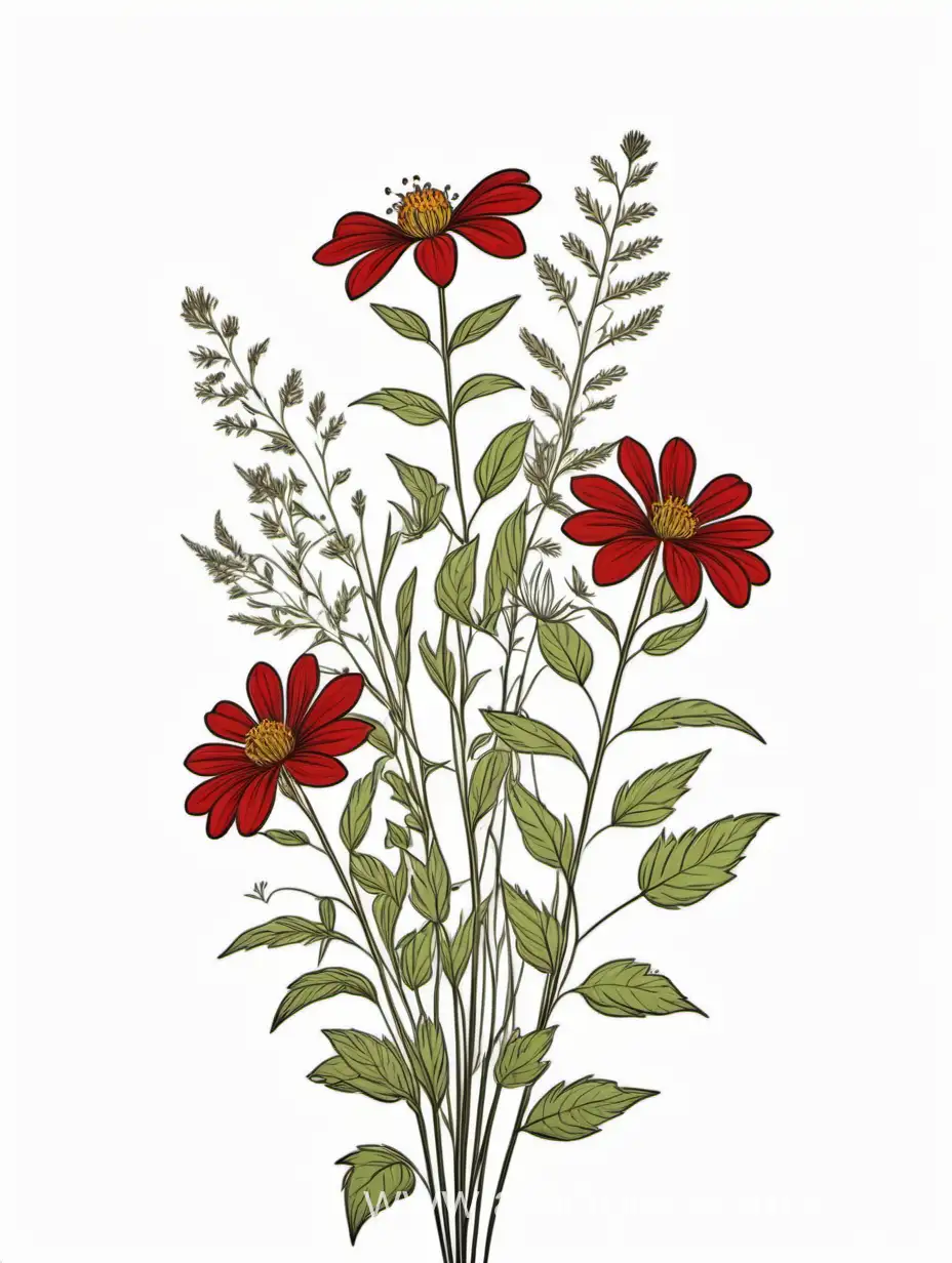 Vibrant-Red-Wildflower-Cluster-Elegant-Botanical-Line-Art-on-White-Background