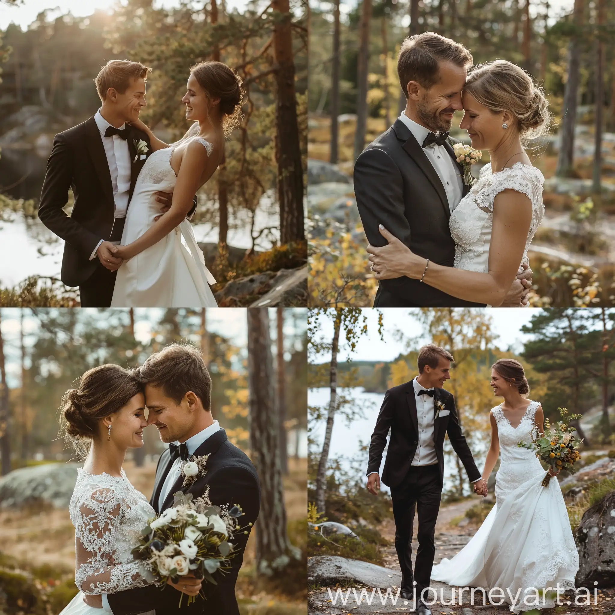 Romantic-Newlyweds-in-Sweden-Embracing-by-a-Lake