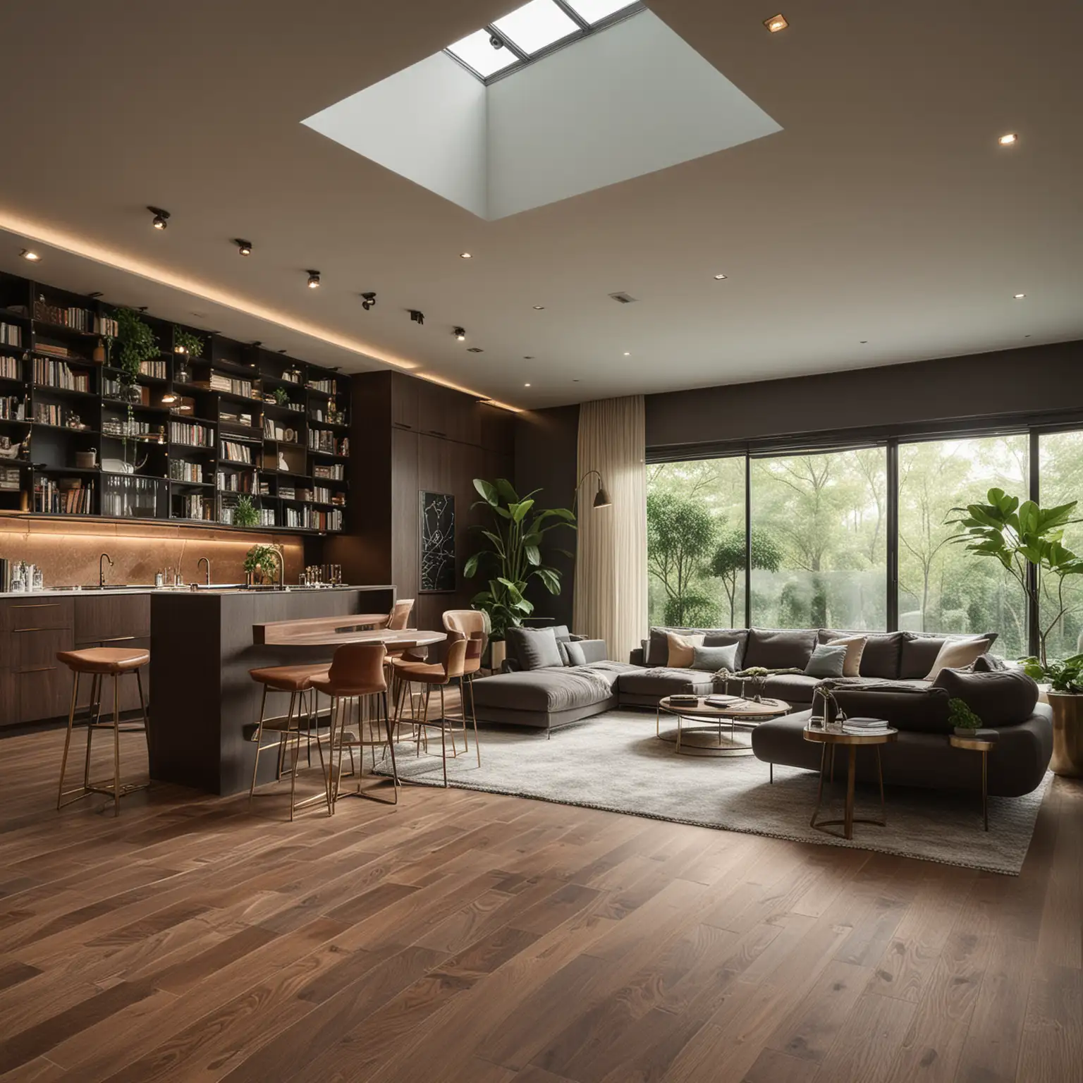 A large contemporary  luxurious , serious themed , dark hued living room with a half height library on the North wall  and a  modern dispense bar with a back bar and stools on the South wall ,  a double heighted flat ceiling in  dark wood with a skylight , seeing arrangement to be in the middle of room with green creepers falling from the skylight , dark hued walls with large windows in steel and beige sheer curtains falling from the ceiling, herring bone patterned  wood floor with angled brass strip inlays , all of this to portray a serious but cozy feel