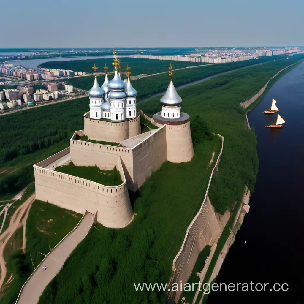 Medieval-Stone-Cathedral-and-Wooden-Fortifications-on-Volga-River-Bank