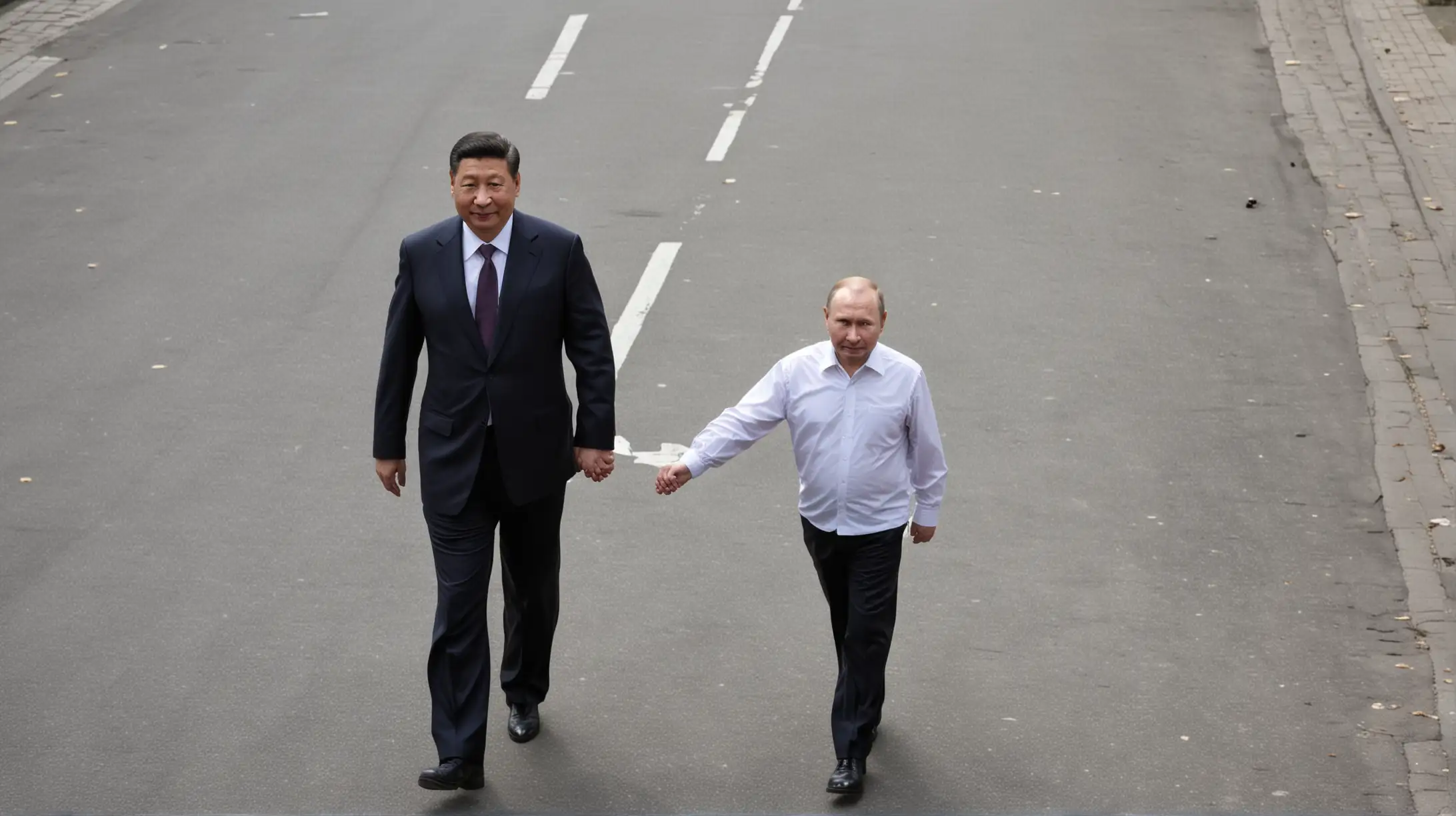 Xi Jinping walking down the street holding a small Vladimir Putin's Putin's hand