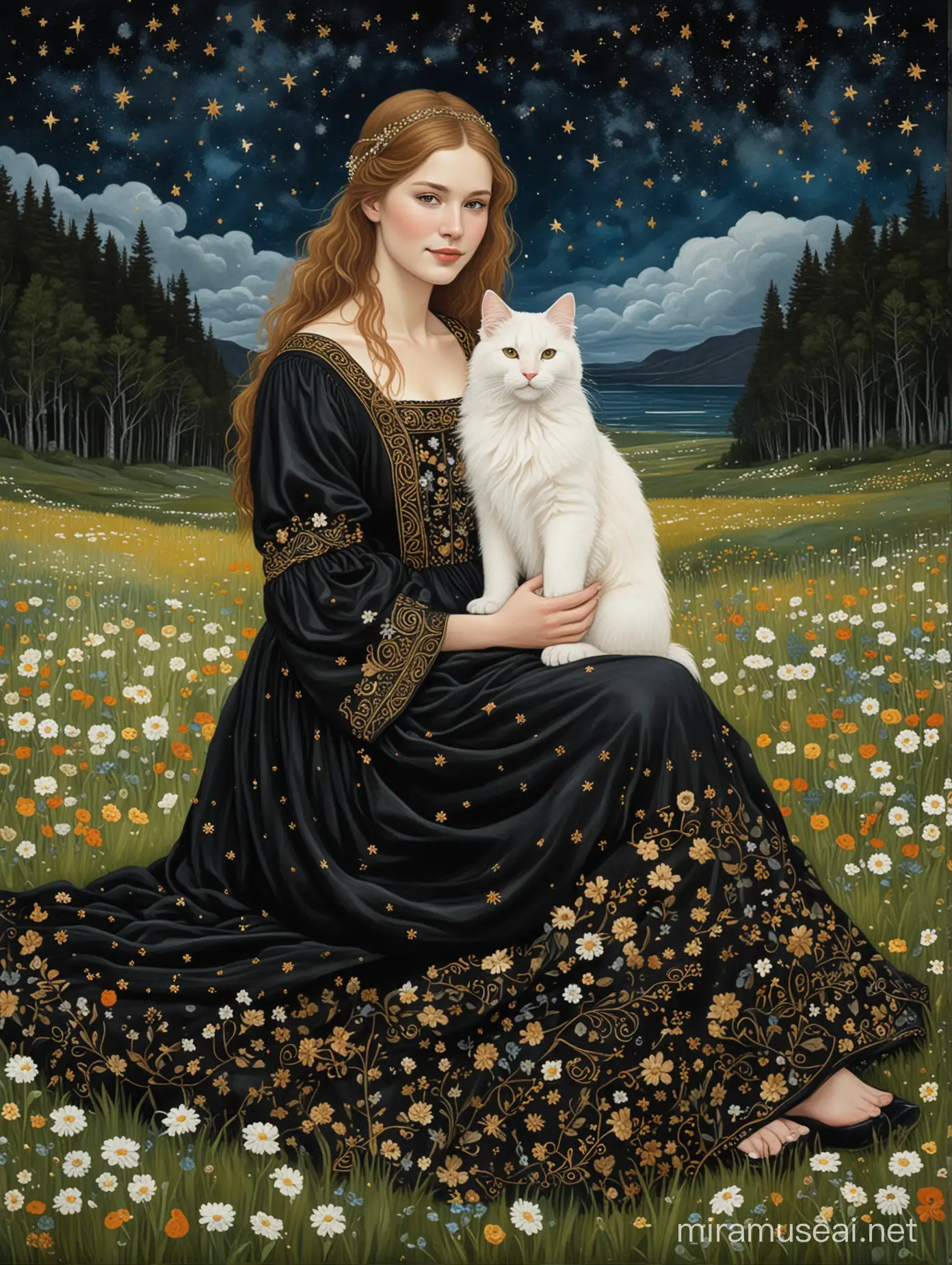 Medieval Kate Bekinsale with Norwegian Forest Cat in Starlit Birch Grove