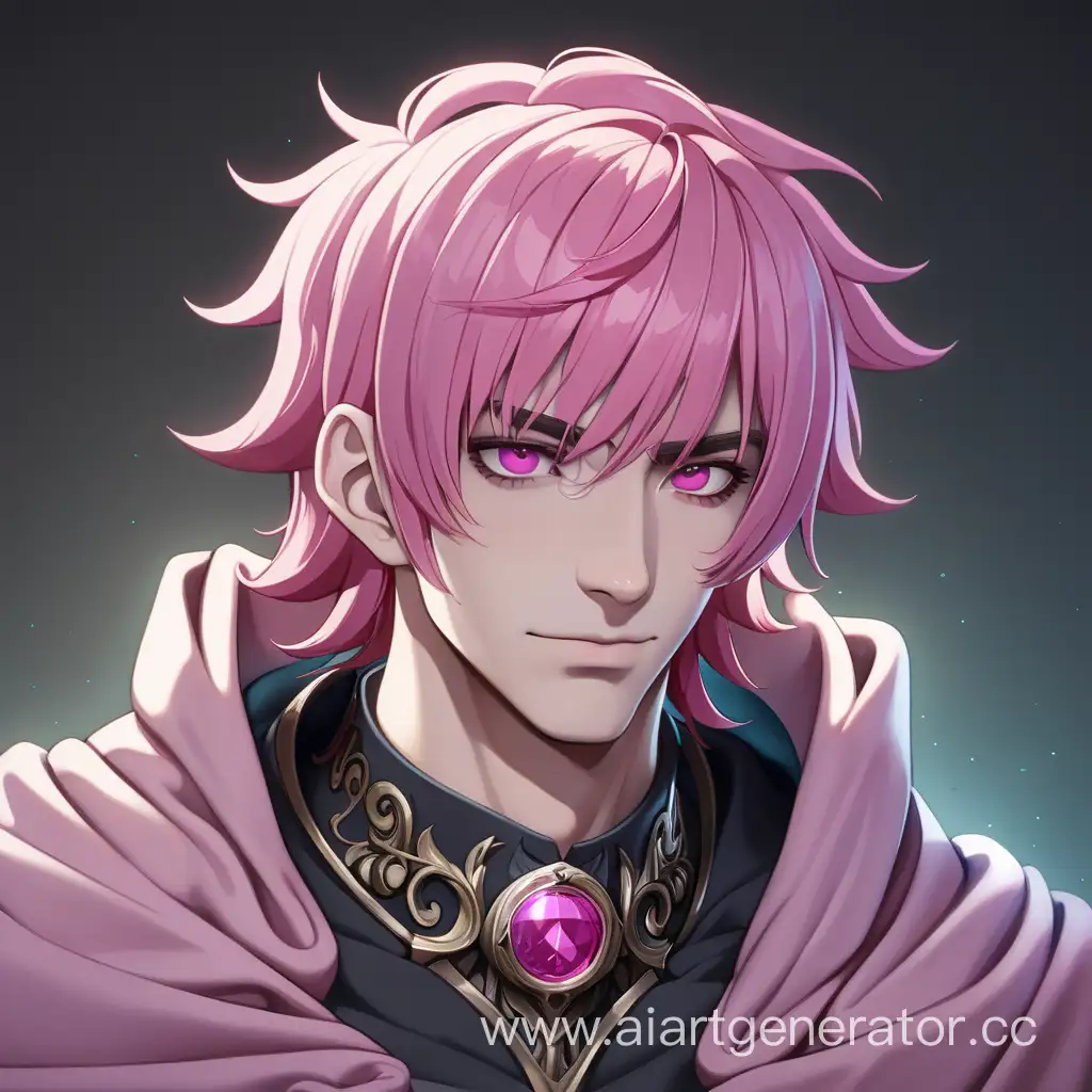 Человек МУЖЧИНА с розовыми волосами, под мантией и с имплантами вместо глаз
