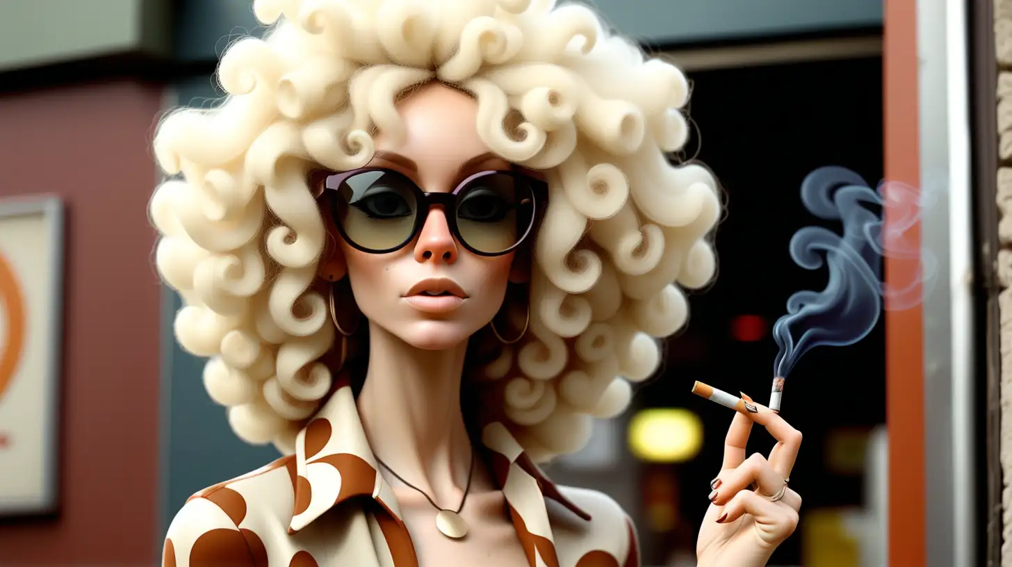 tall skinny white woman, wearing glasses, clothes from the 70's with a blond afro, with big curls smoking a cigarette
