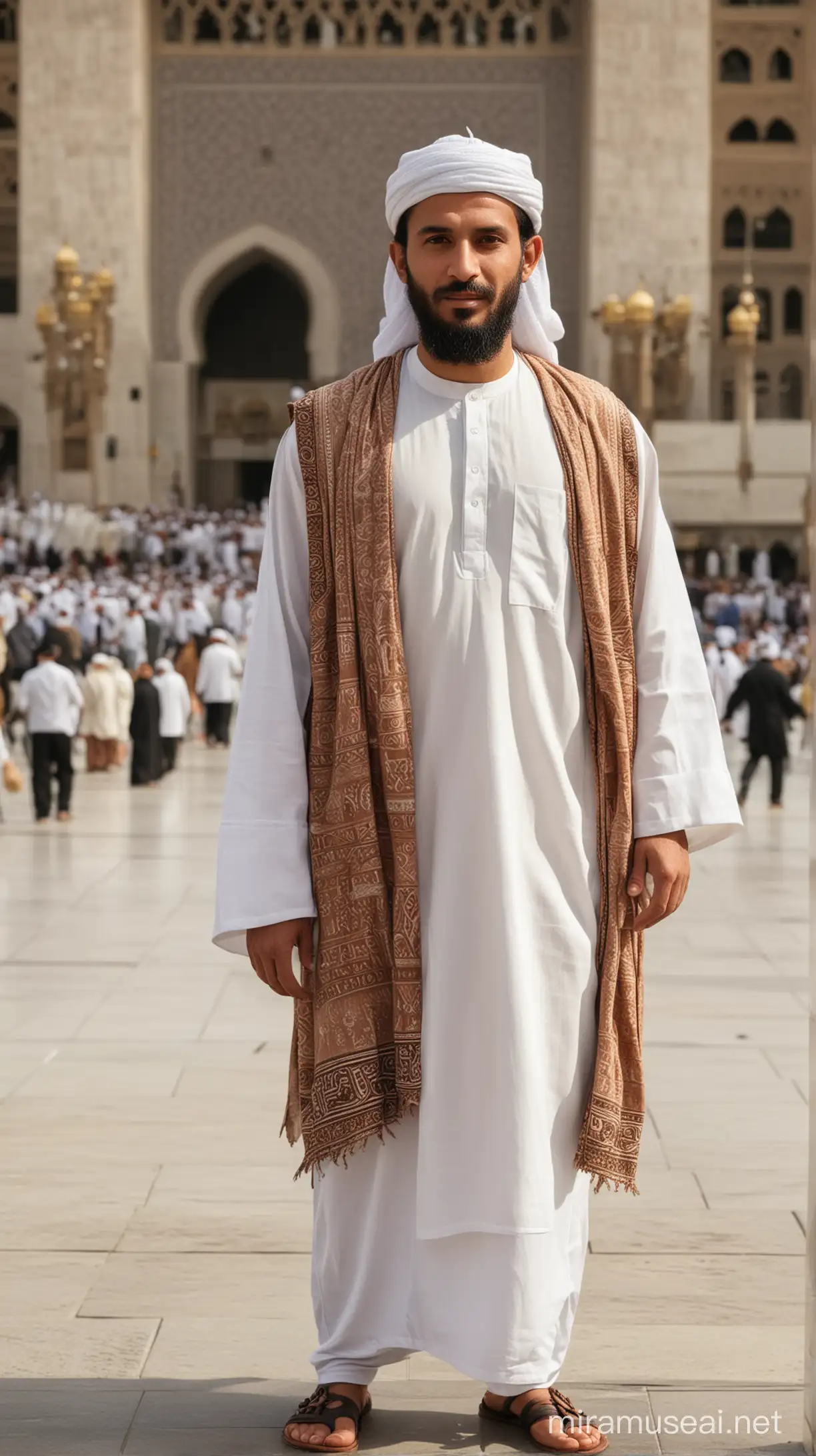 A men age 35 years old in moslem clothes, background masjidil haram mecca