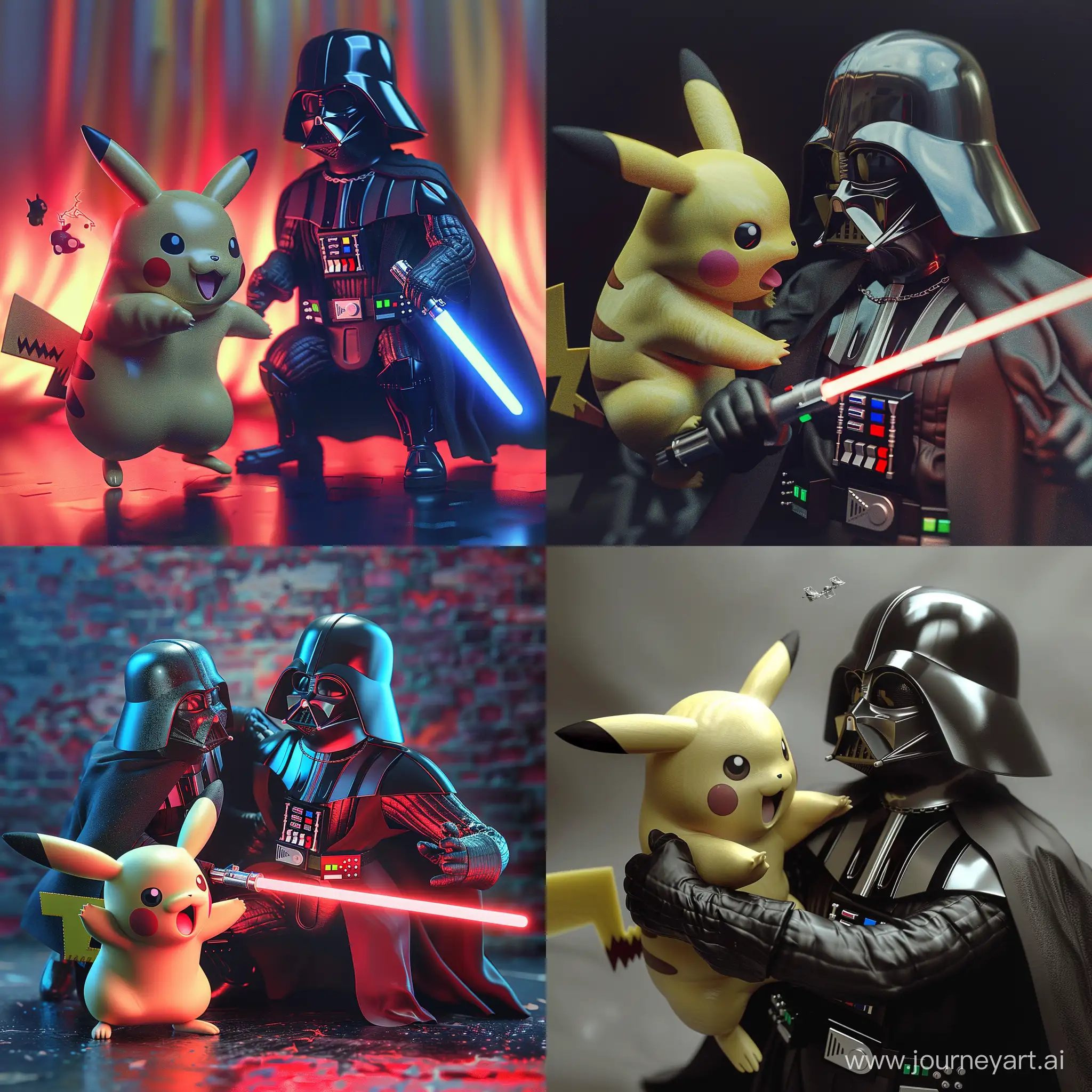Pikachu and Darth Vader, fighting ,Ultra Realistic,Highly Detailed , Natural Lighting,