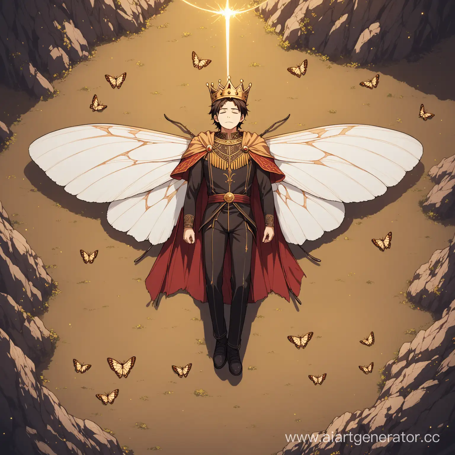Before us is the tyrant king of moths, David Tsets the Second. He is Armenian. He is defeated by the heroes and lies defeated on the mountain ground. He has tattered moth wings behind his back, and one antenna sticks out of his head. A crown is lying next to him, his eyes are closed. He's lying down, top view. Anime style