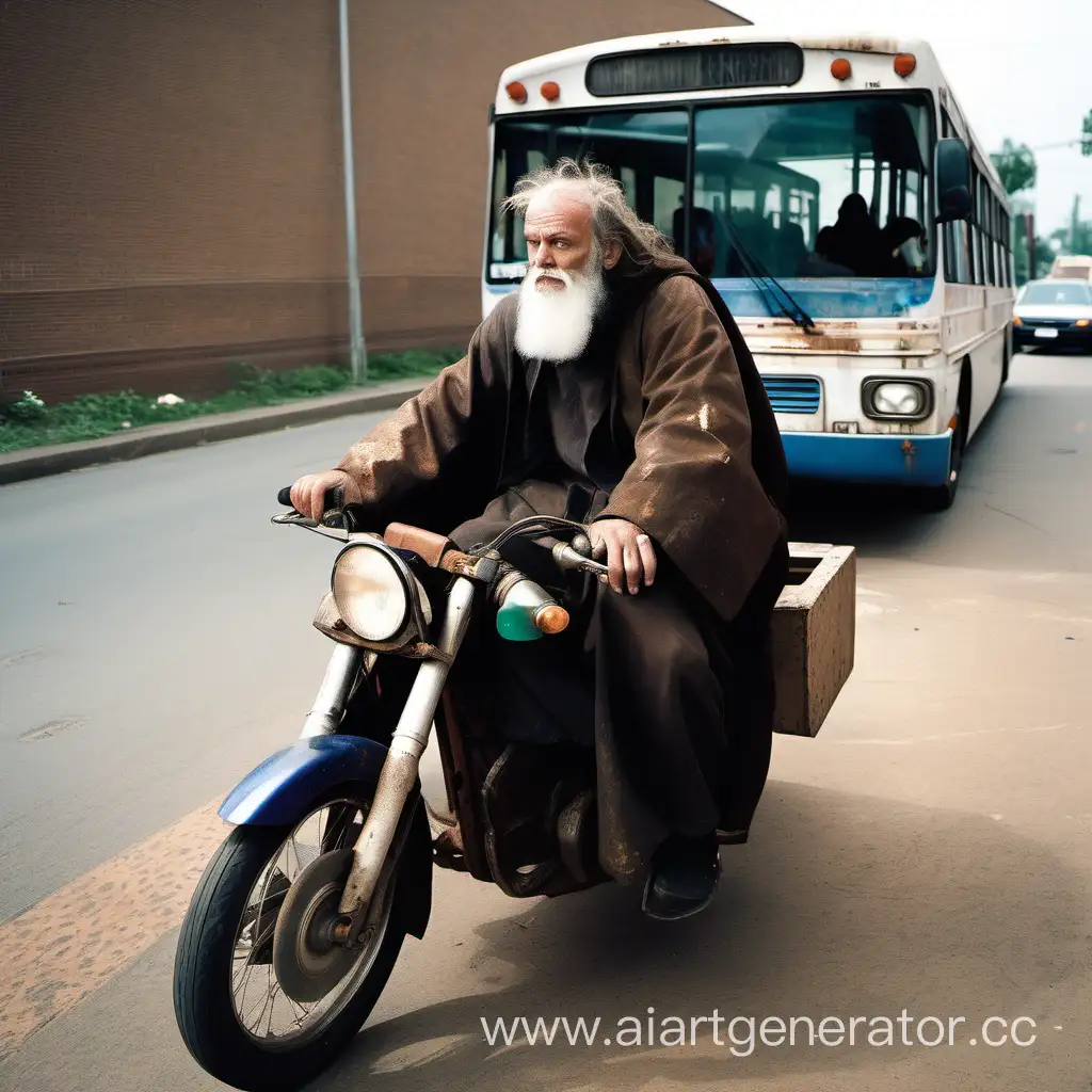 Unshaven-Priest-on-Rusty-Bus-with-Homeless-Youth-on-Motorcycle