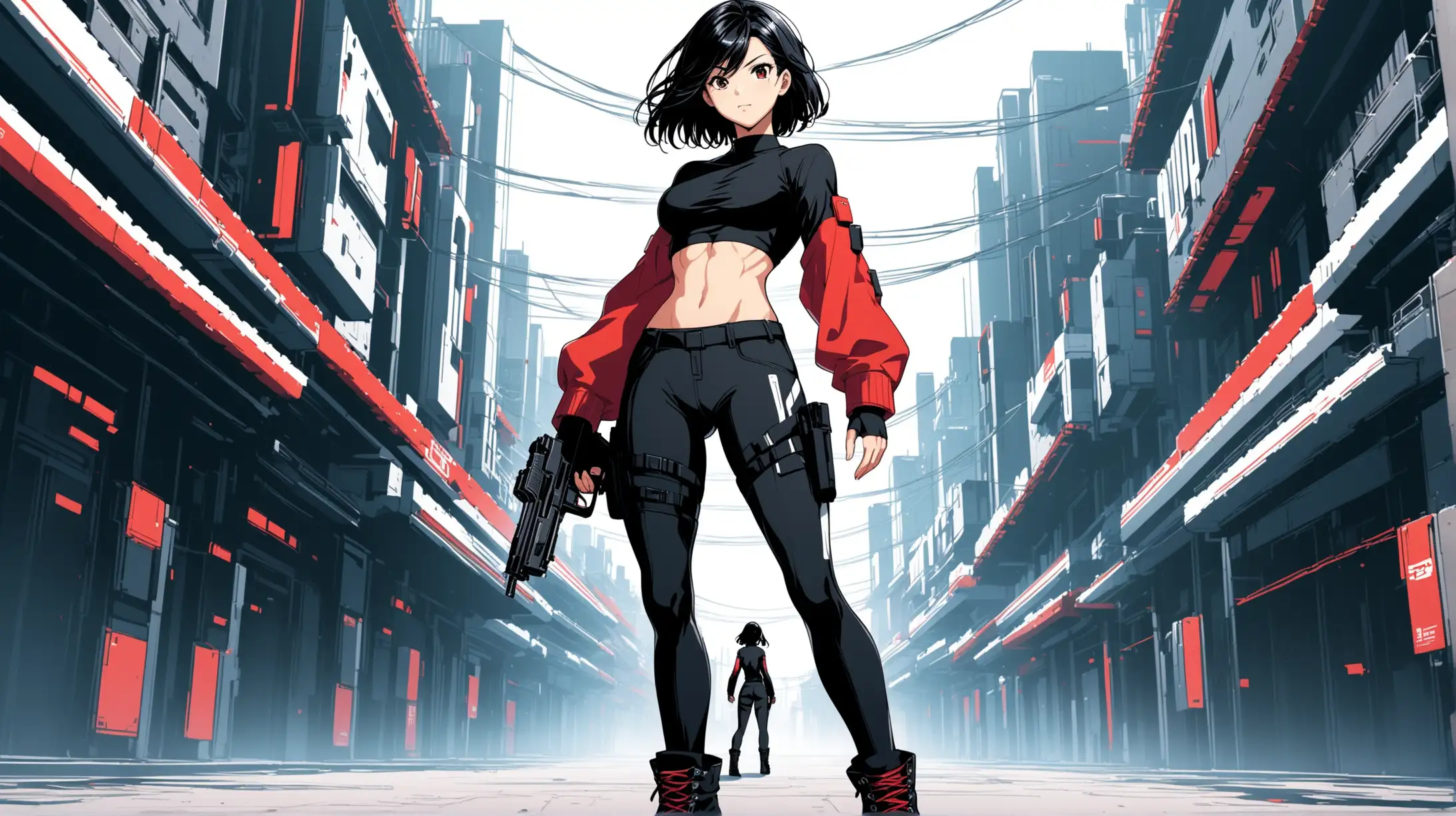 sexy fit 24 year old anime hero girl, short chin length black hair, handguns in each hand in futuristic town, toned body, long sleeve black t-shirt, black pants, combat boots, red black white 3 color minimal design