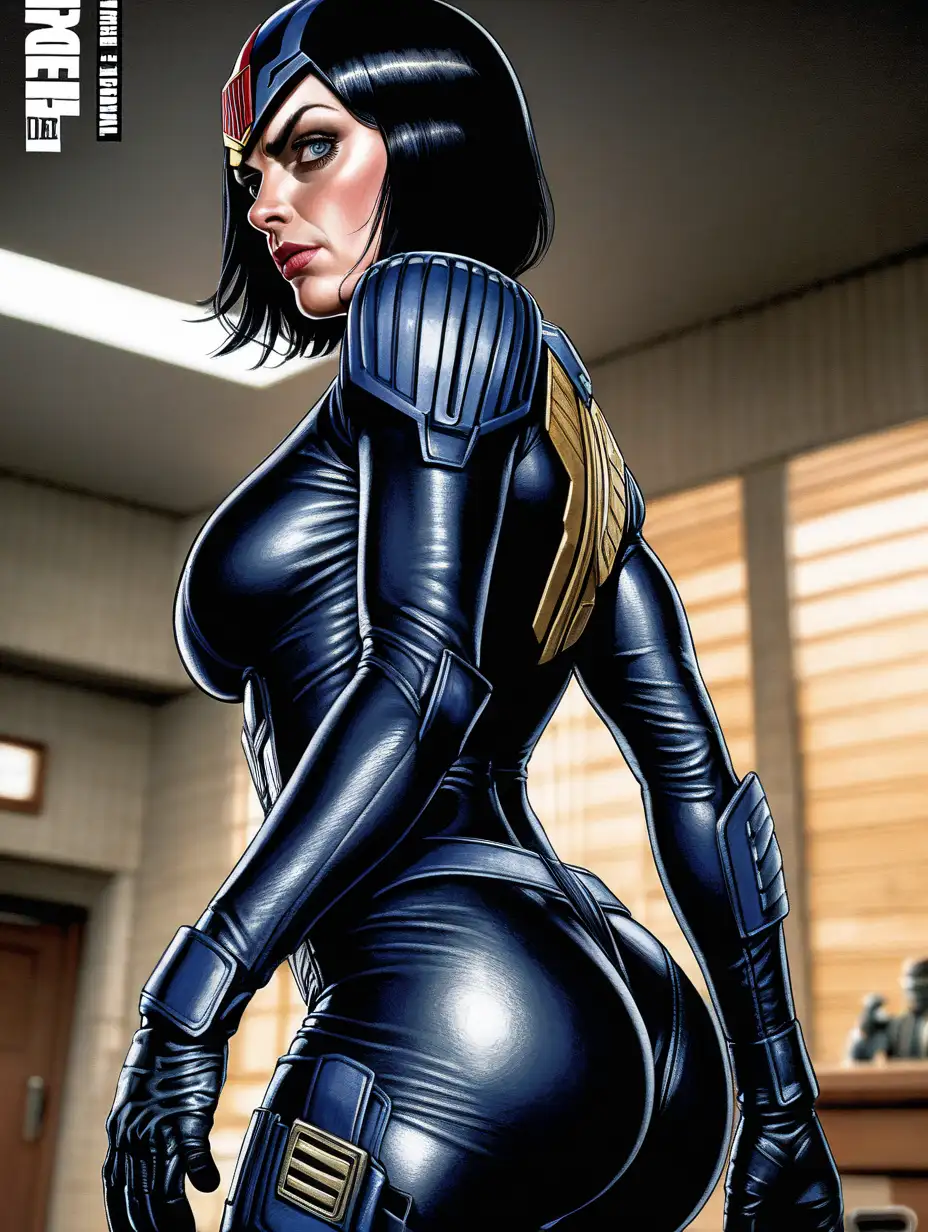 Antje Traue, Judge Dredd, comic book movie, Judge Hershey, tight suit, highly detailed, black hair, seductive, tights, below angle, thick, booty
