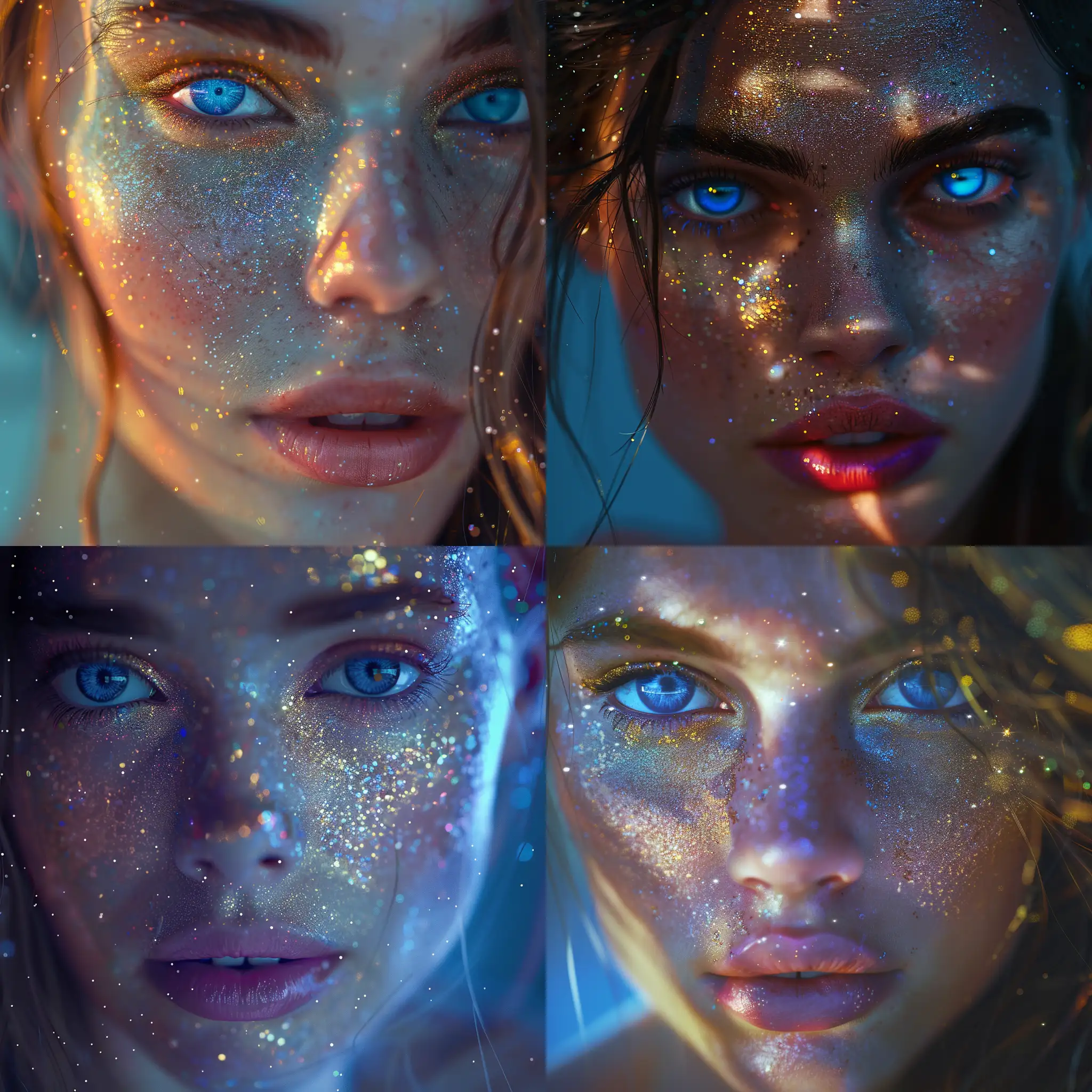 A woman with blue eyes and a dusting of glitter on her face.ultra sharp focus,, high quality, 8K Ultra HD, Photo taken with a Canon EOS R5 camera photographer.photorealistic, mesmerizing digital paintinglight particles), colorful, cmyk colors, strong backlit, bokeh, high resolution, high detail,